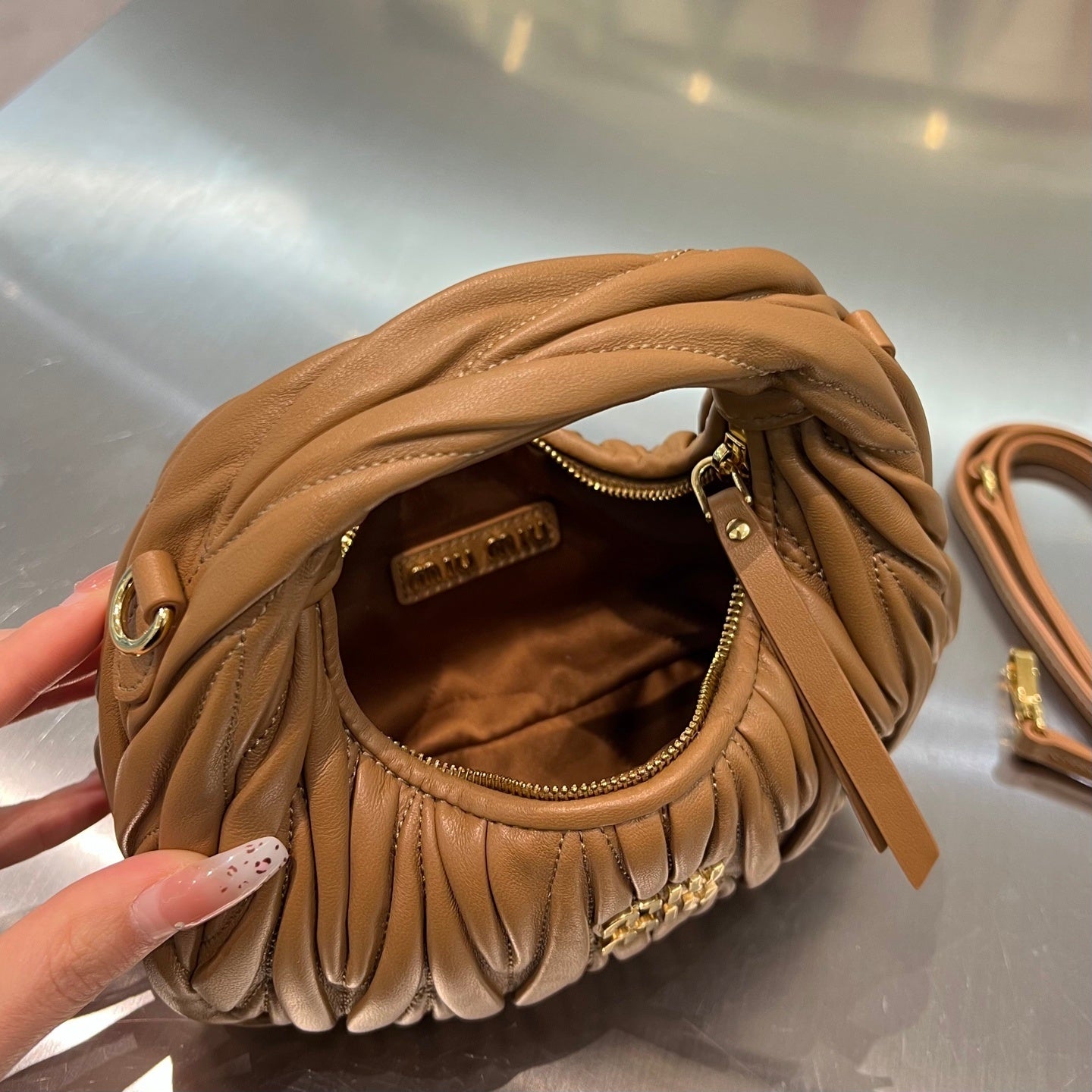 CAMEL MATELASSÉ MINI HOBO SHOULDER BAG