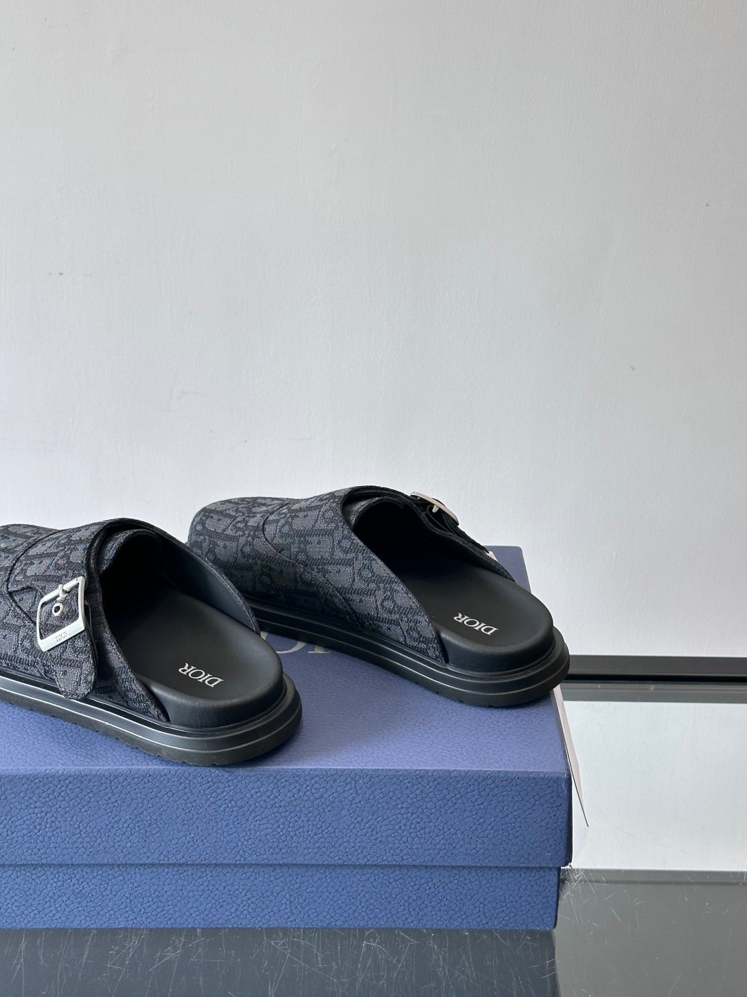 DARK MONOGRAM DESIGNER SLIDE MULES WITH METAL BUCKLE