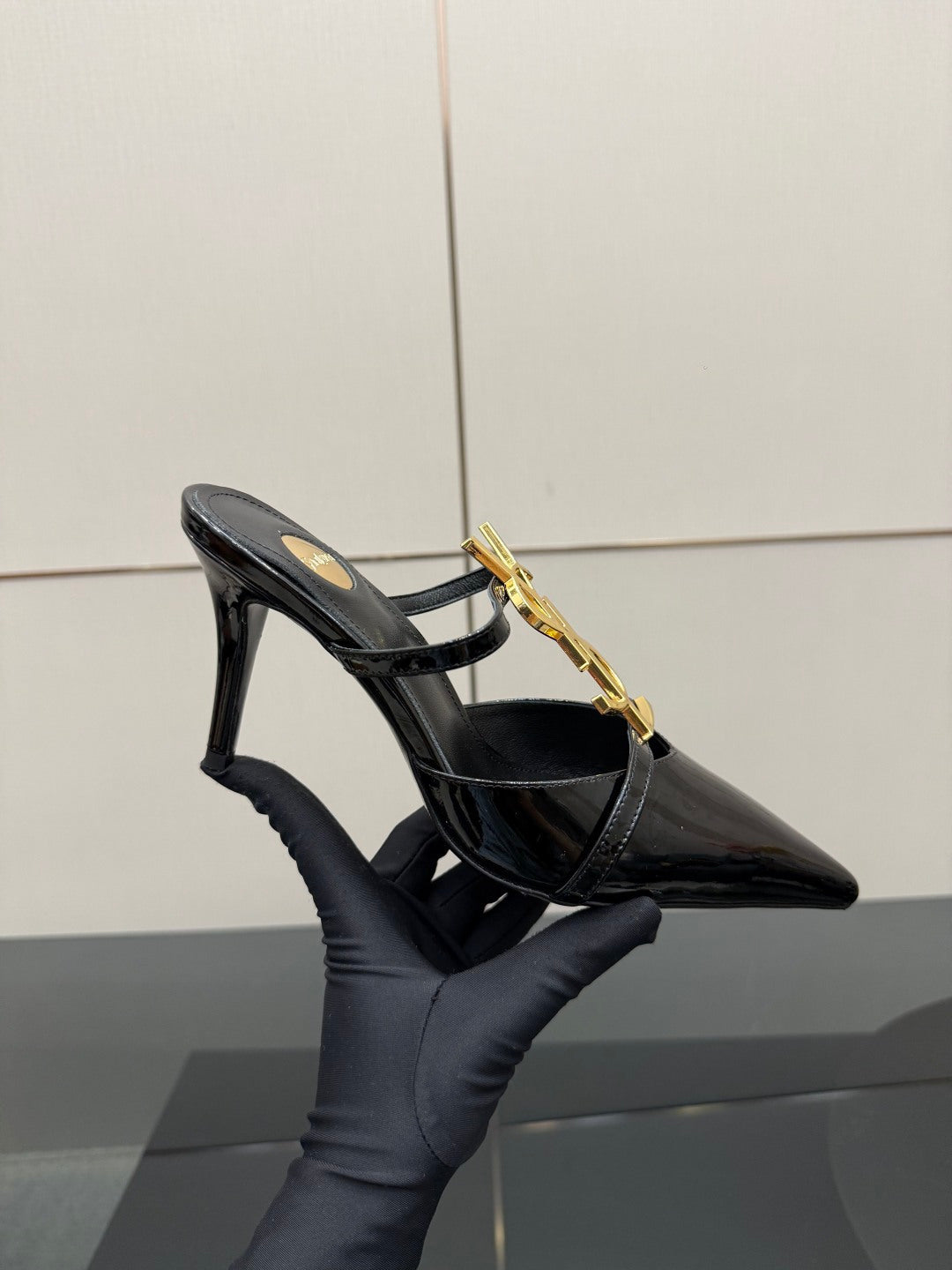 BLACK PATENT POINTED TOE MULE HEELS WITH GOLD DETAIL