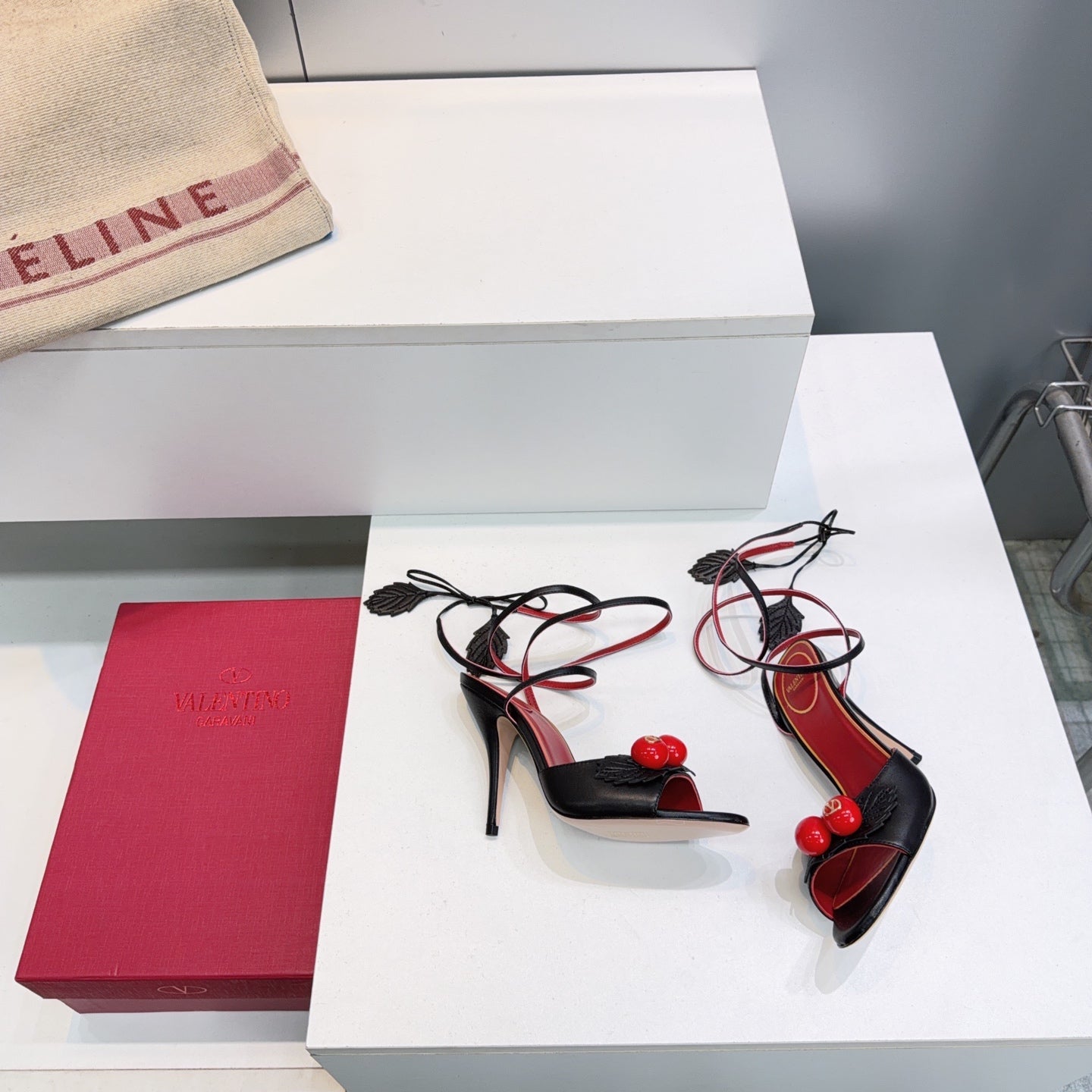 CHERRY EMBELLISHED STRAPPY HEEL SANDALS – BLACK & RED