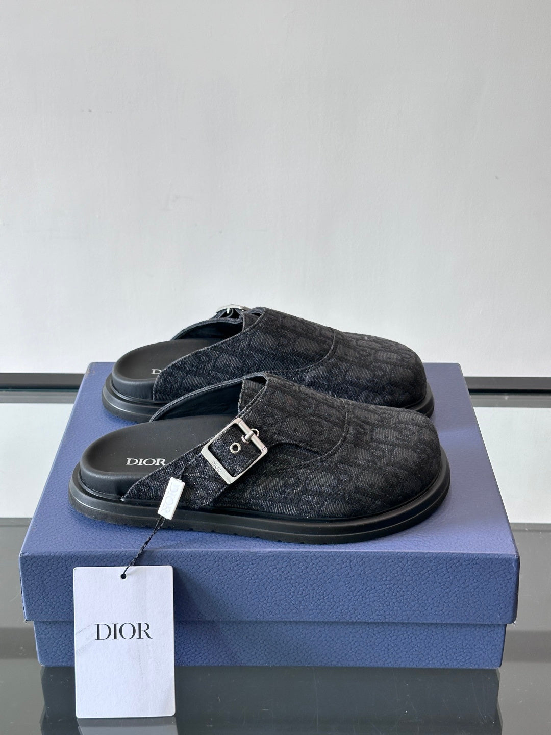 DARK MONOGRAM DESIGNER SLIDE MULES WITH METAL BUCKLE