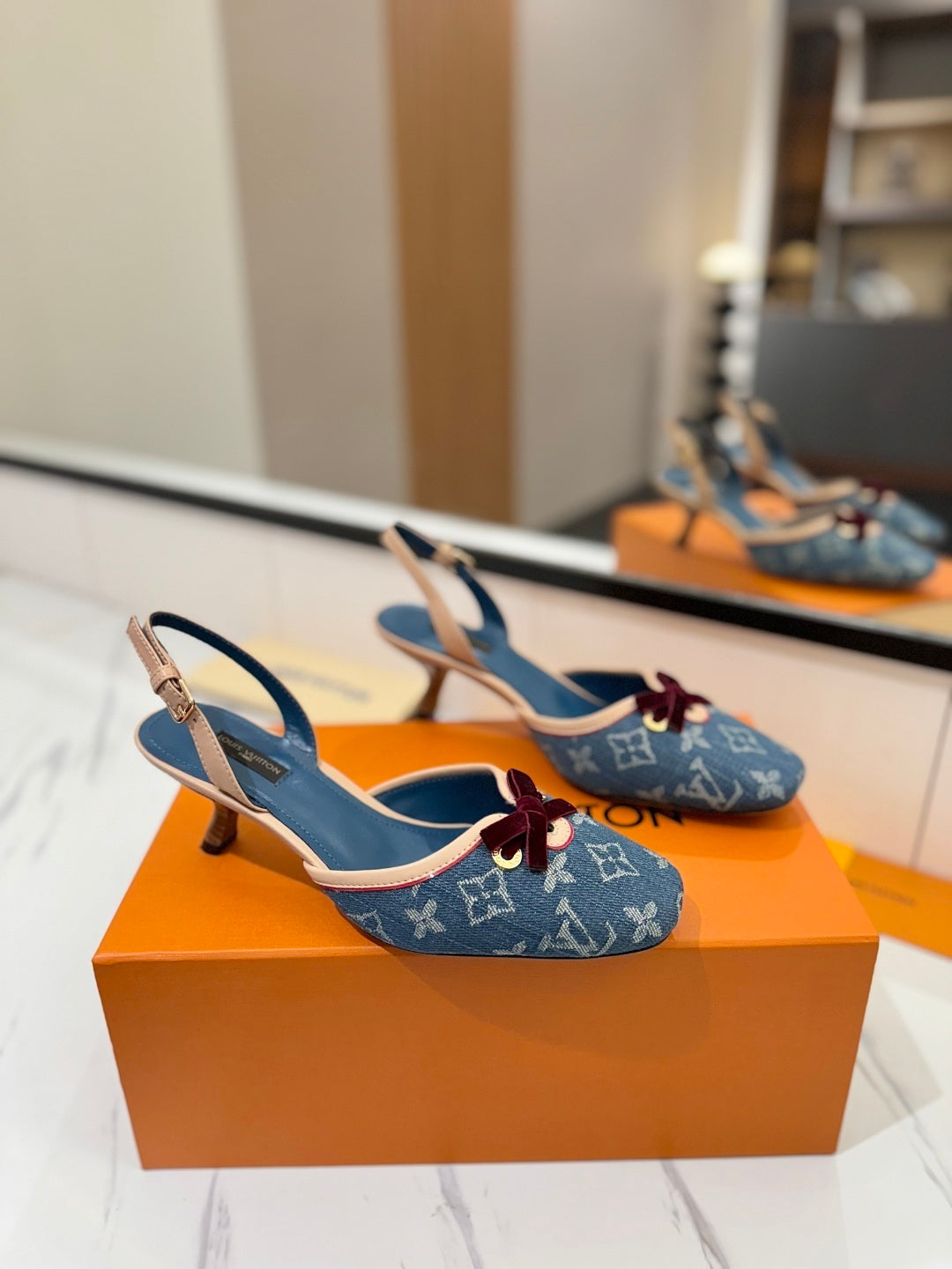 DENIM MONOGRAM SLINGBACK HEELS WITH VELVET BOW