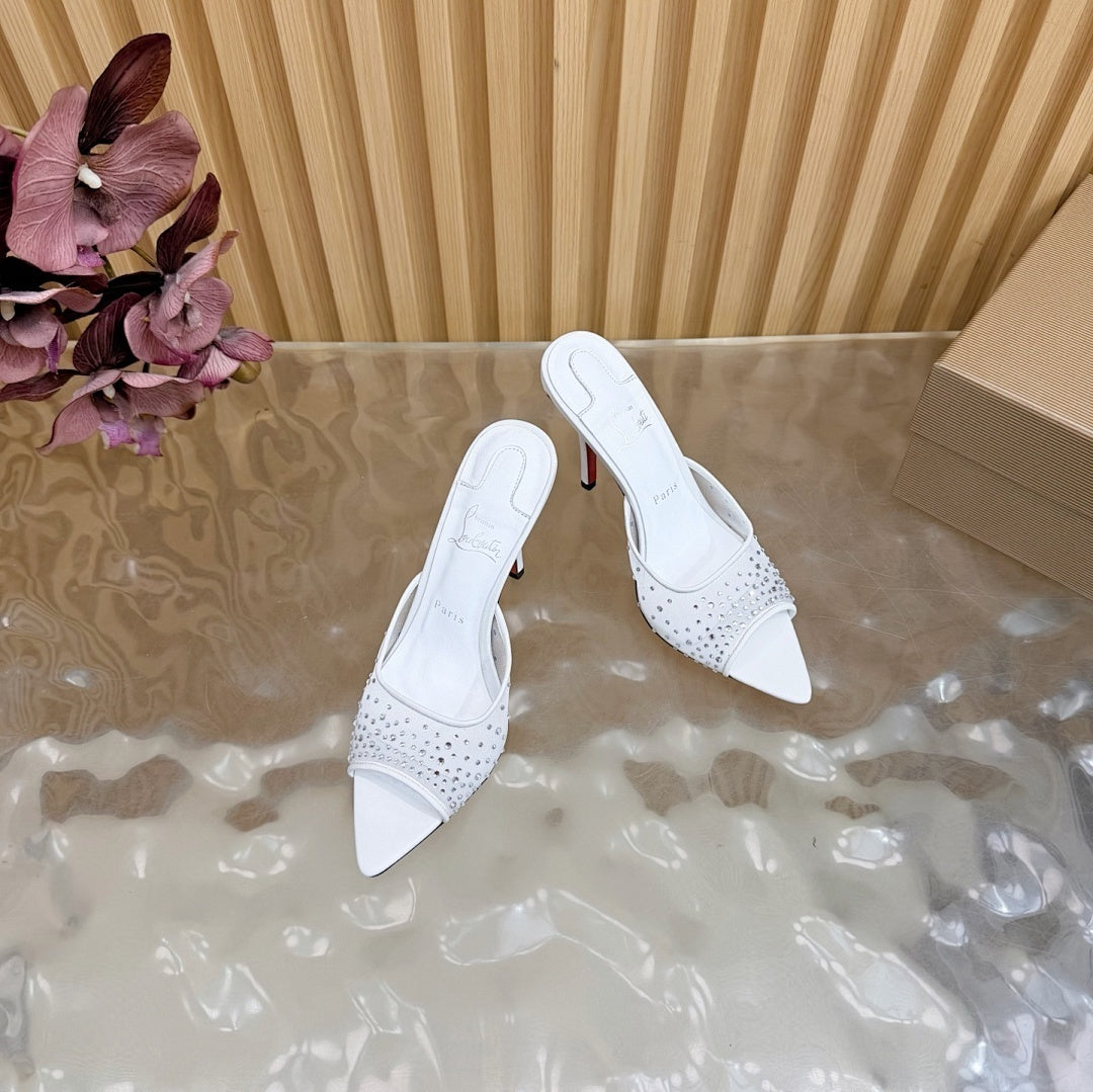 WHITE RHINESTONE MULE HEELS