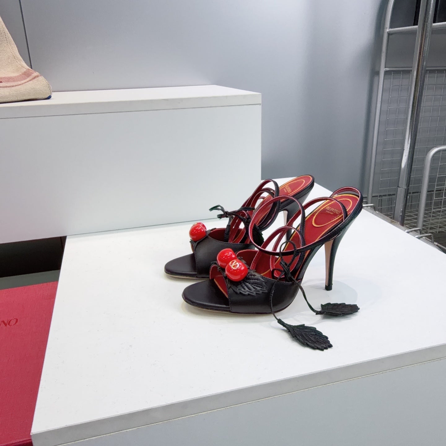 CHERRY EMBELLISHED STRAPPY HEEL SANDALS – BLACK & RED