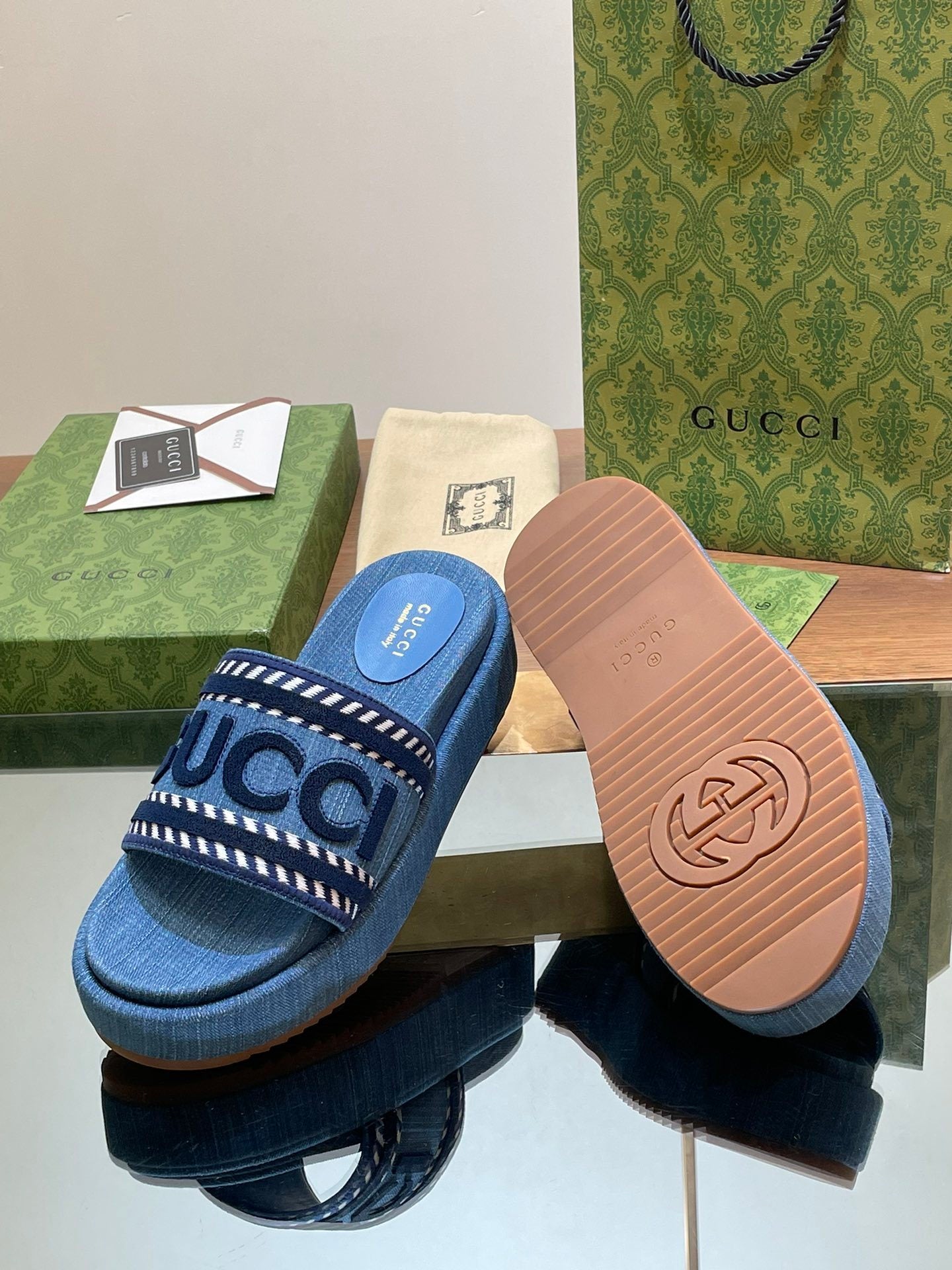 BLUE DENIM LOGO PLATFORM SLIDE SANDALS