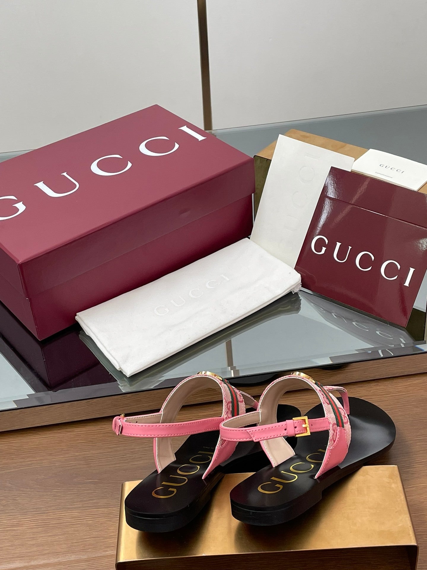 PINK WEB STRIPE LOGO THONG SANDALS