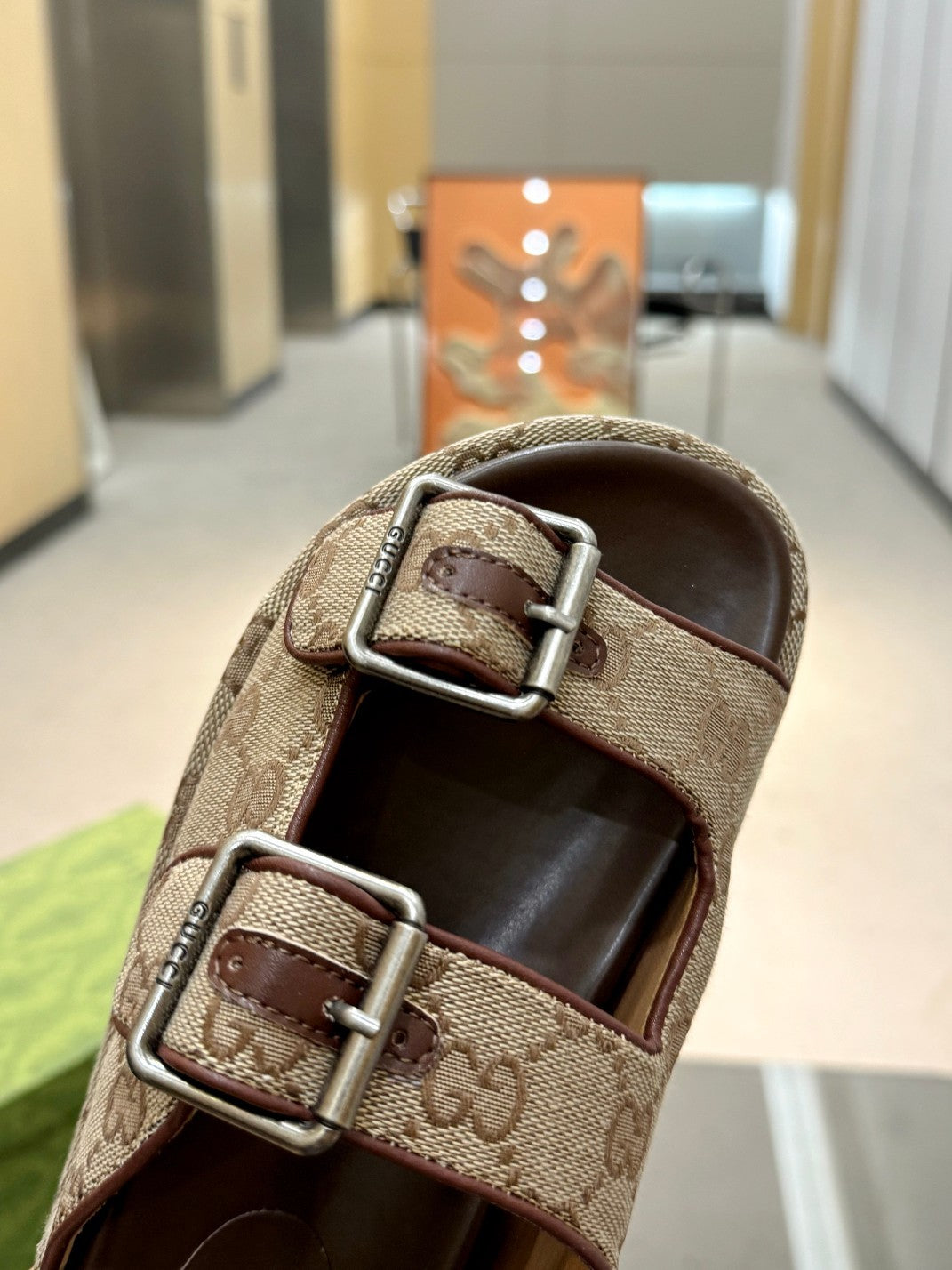 BEIGE MONOGRAM DOUBLE-STRAP PLATFORM SANDALS
