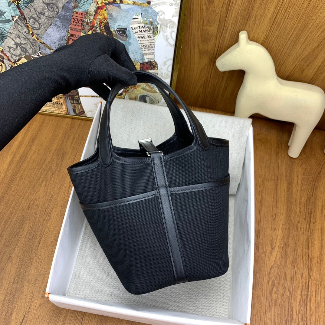 LUXURY BLACK CANVAS & LEATHER MINI PICOTIN STYLE HANDBAG