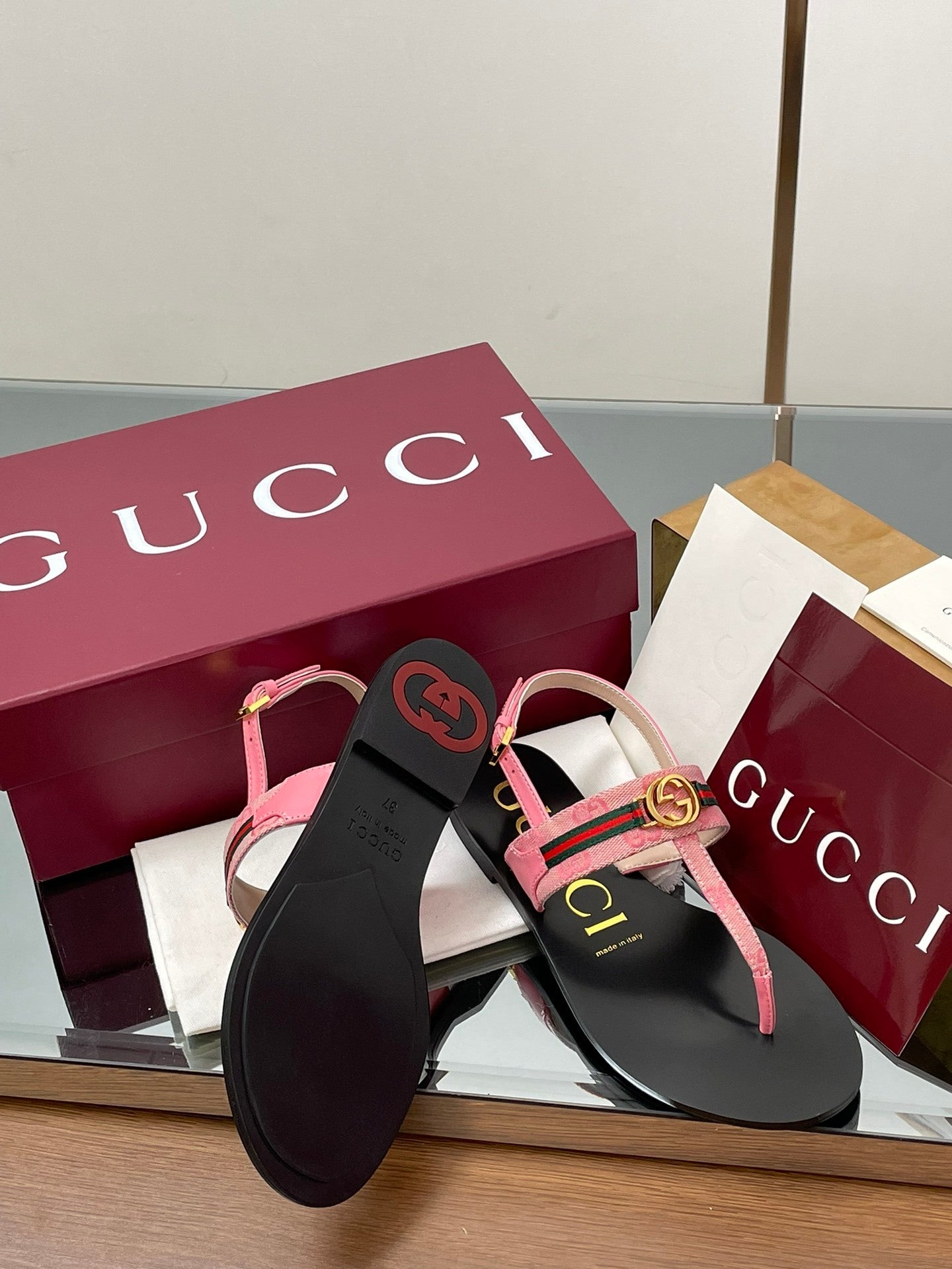 PINK WEB STRIPE LOGO THONG SANDALS