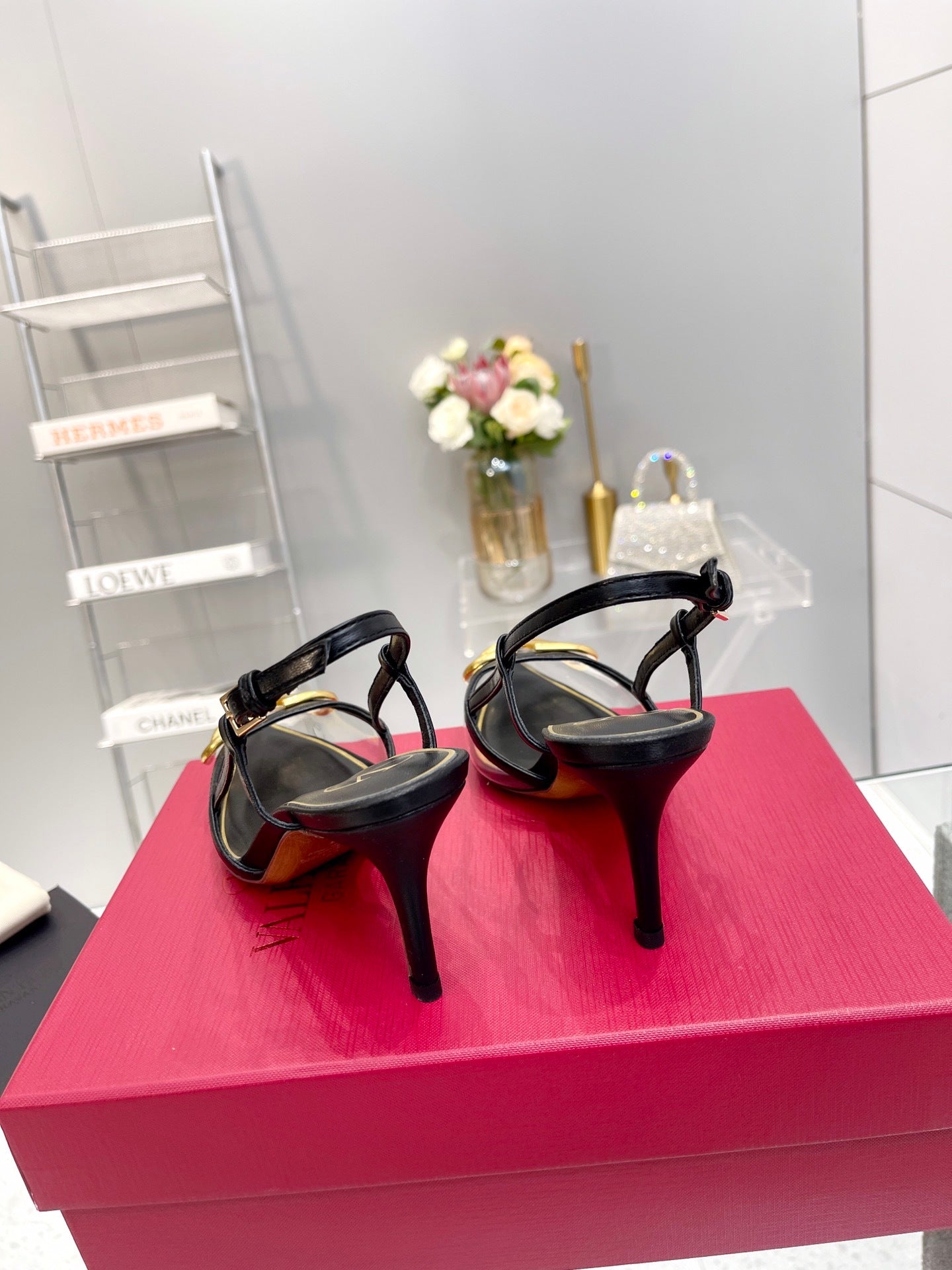 CLEAR SLINGBACK HEELS – CLASSIC BLACK WITH GOLD LOGO DETAIL