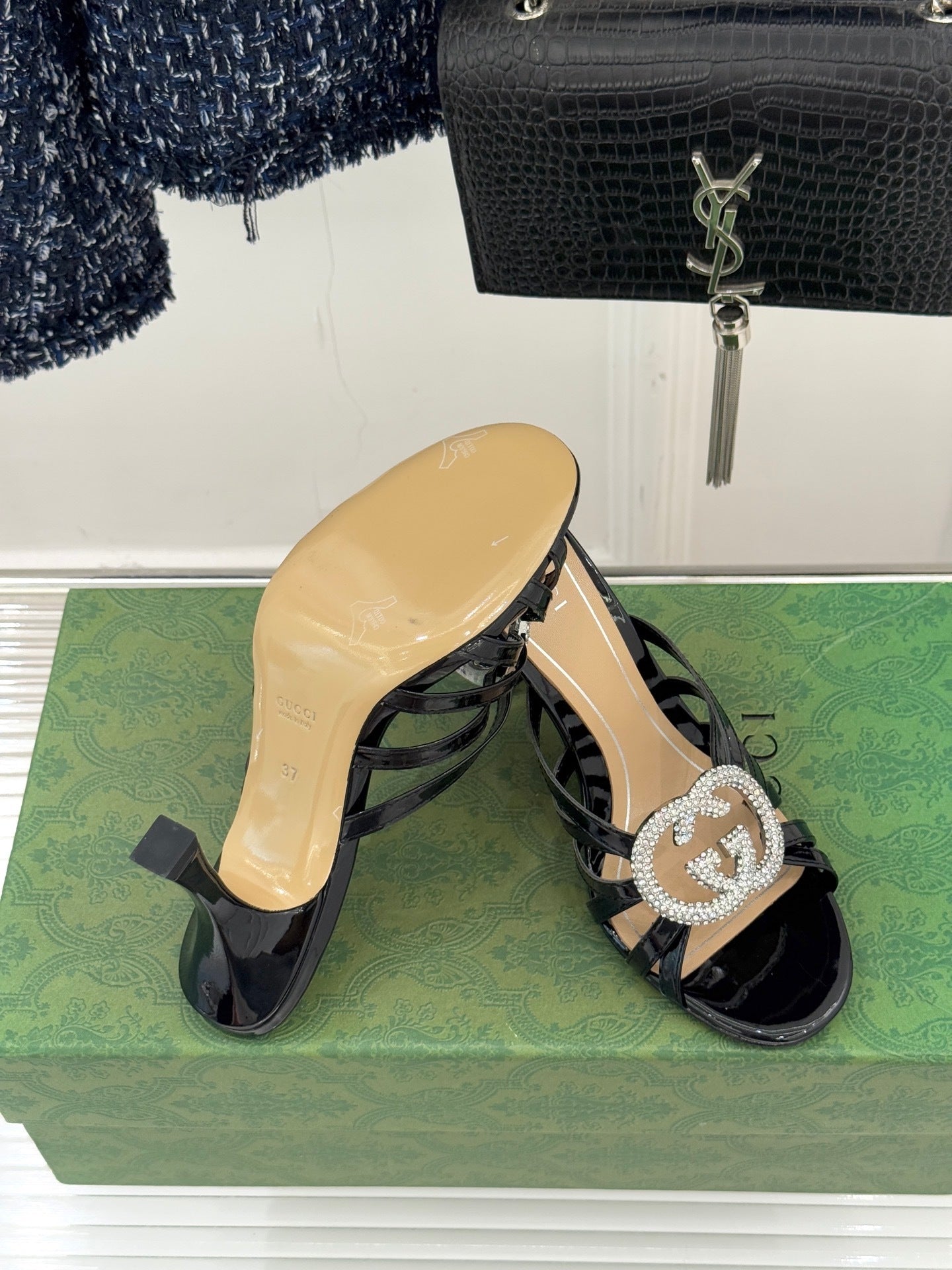 BLACK CRYSTAL BUCKLE HEELED MULES