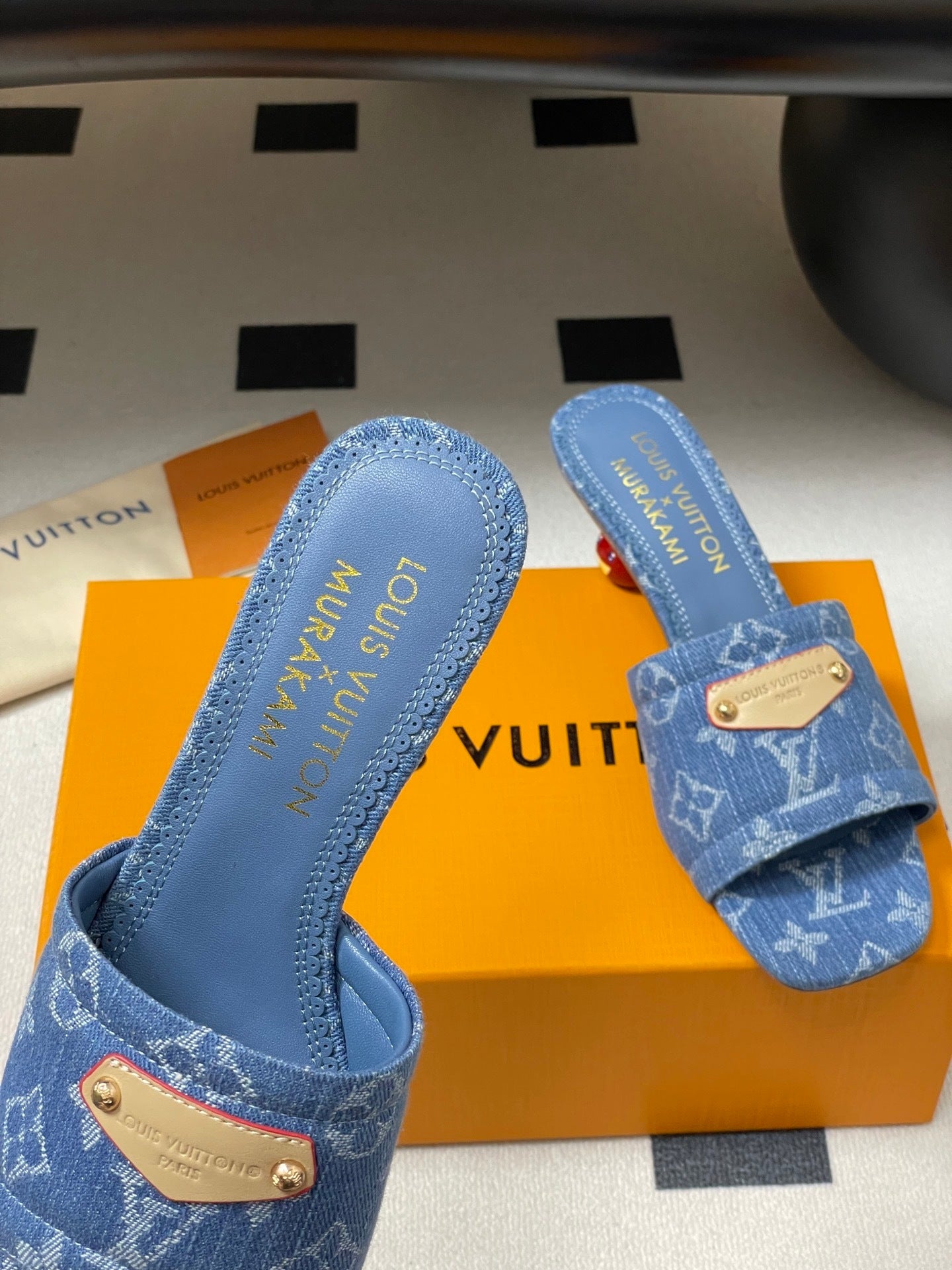 DENIM MONOGRAM MURAKAMI MULES WITH SCULPTED HEEL