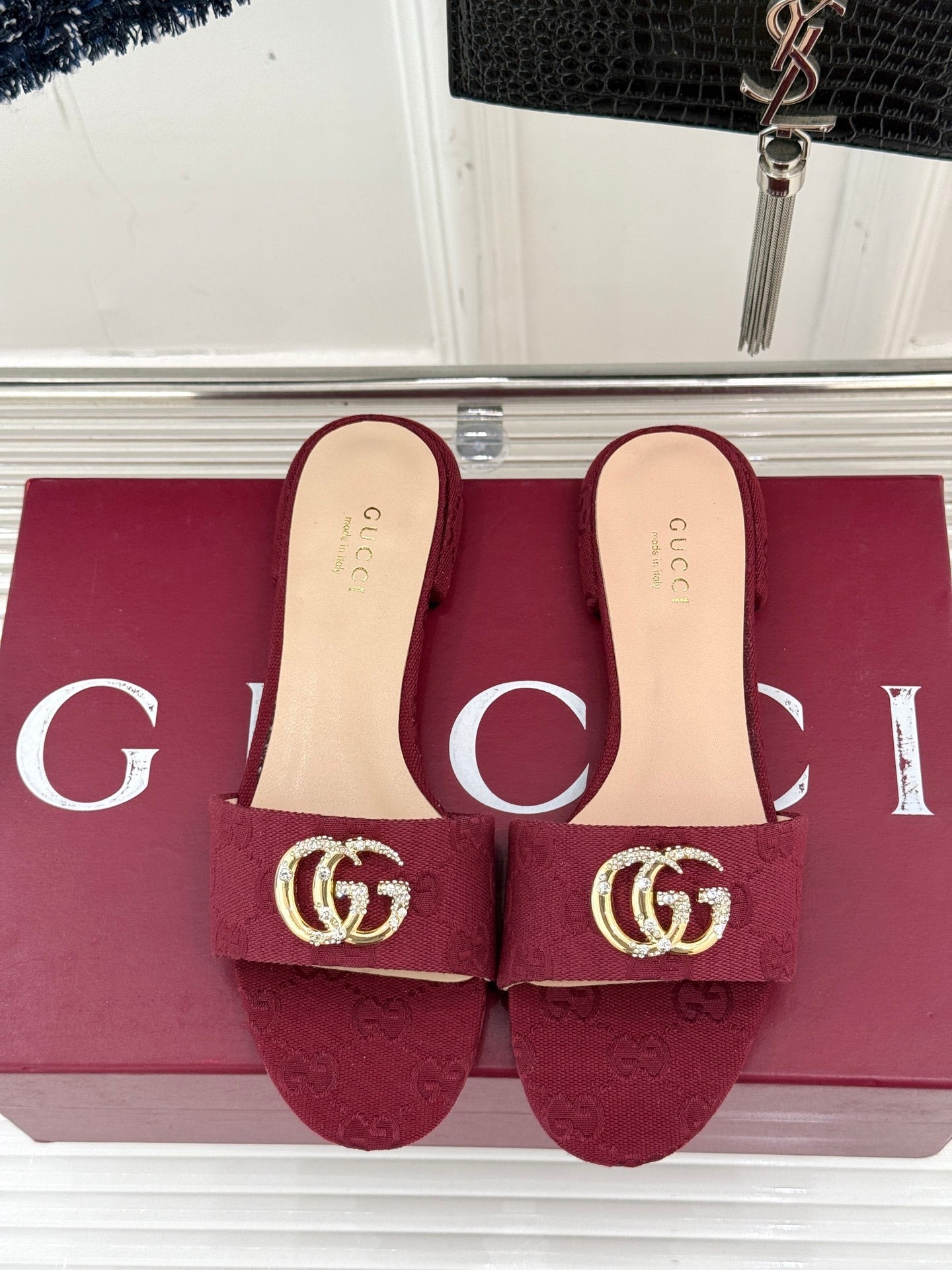 BURGUNDY MONOGRAM LOW HEEL SLIDES