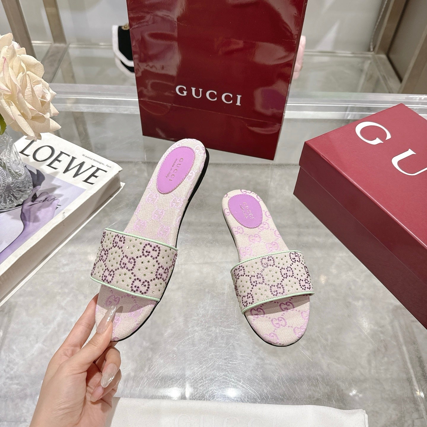PINK EMBELLISHED SLIDE SANDALS