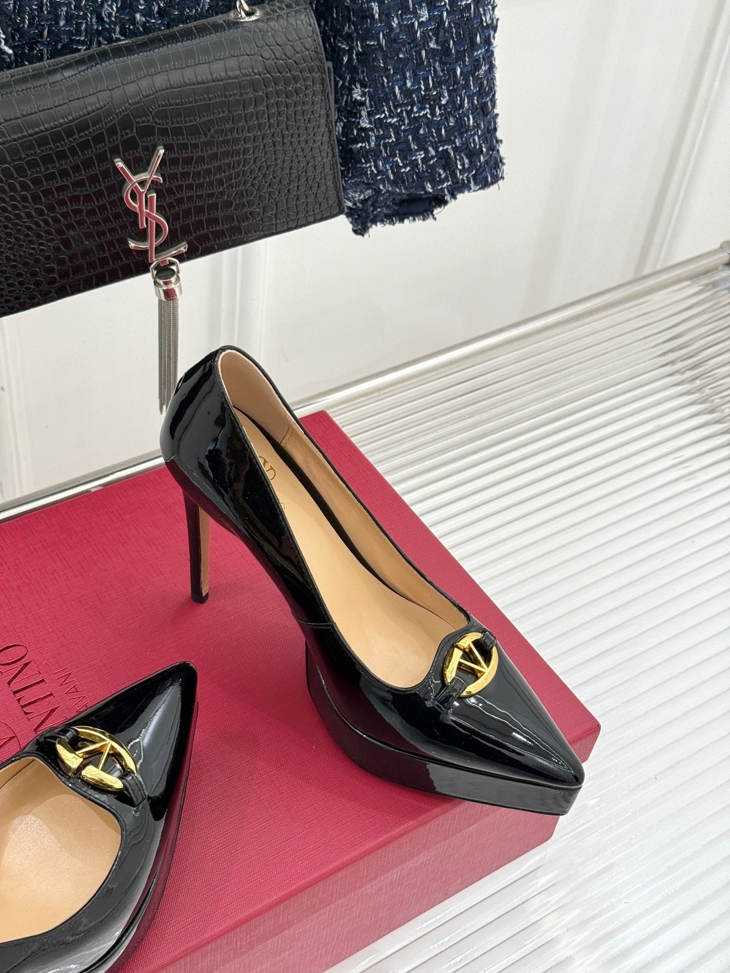 BLACK PATENT PLATFORM PUMPS WITH GOLD DETAIL