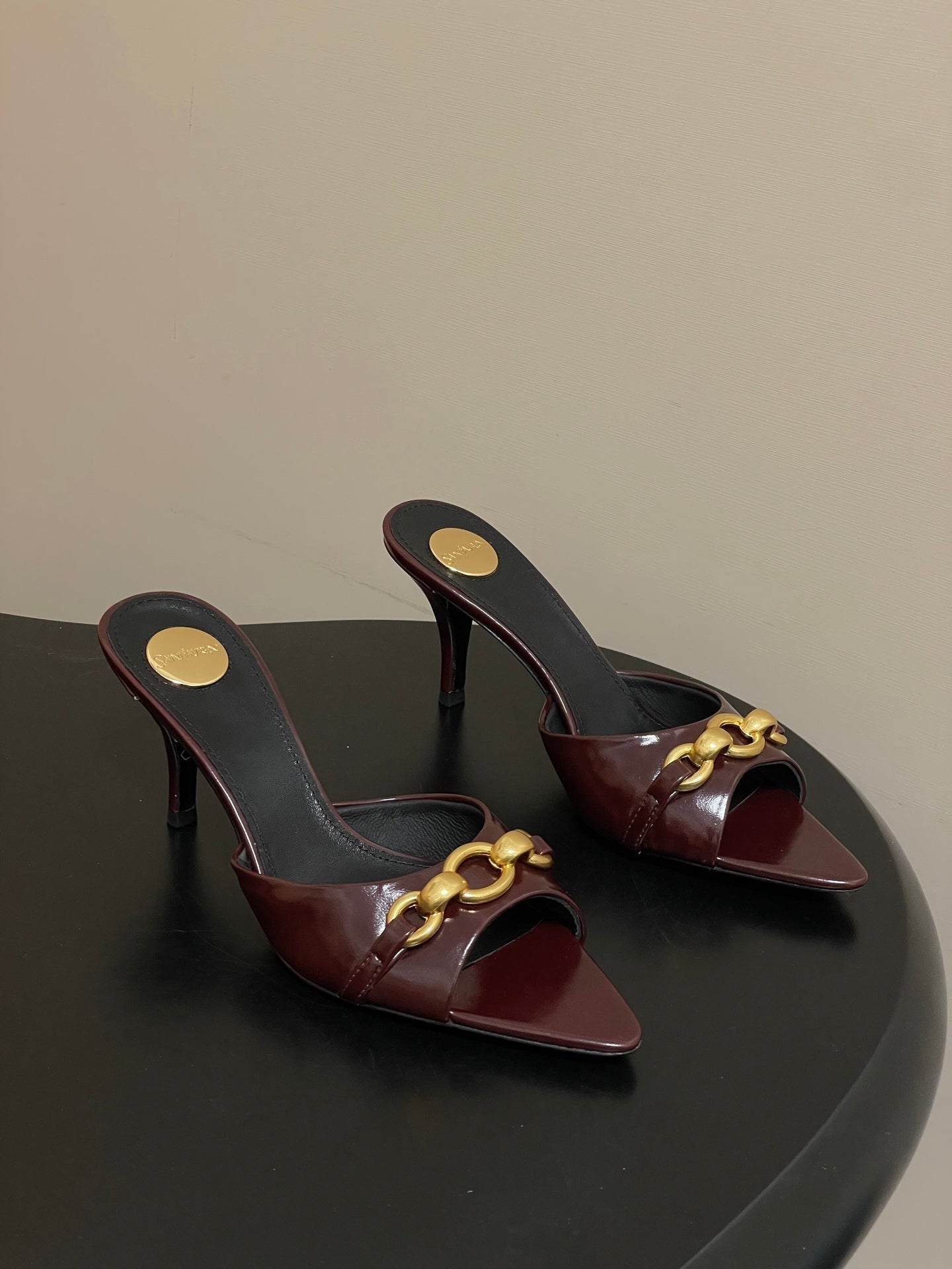BURGUNDY POINTED TOE MULE HEELS WITH GOLD DETAIL