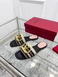 WOVEN STRAP FLAT SLIDES – NEUTRAL TONES WITH GOLD BUCKLE