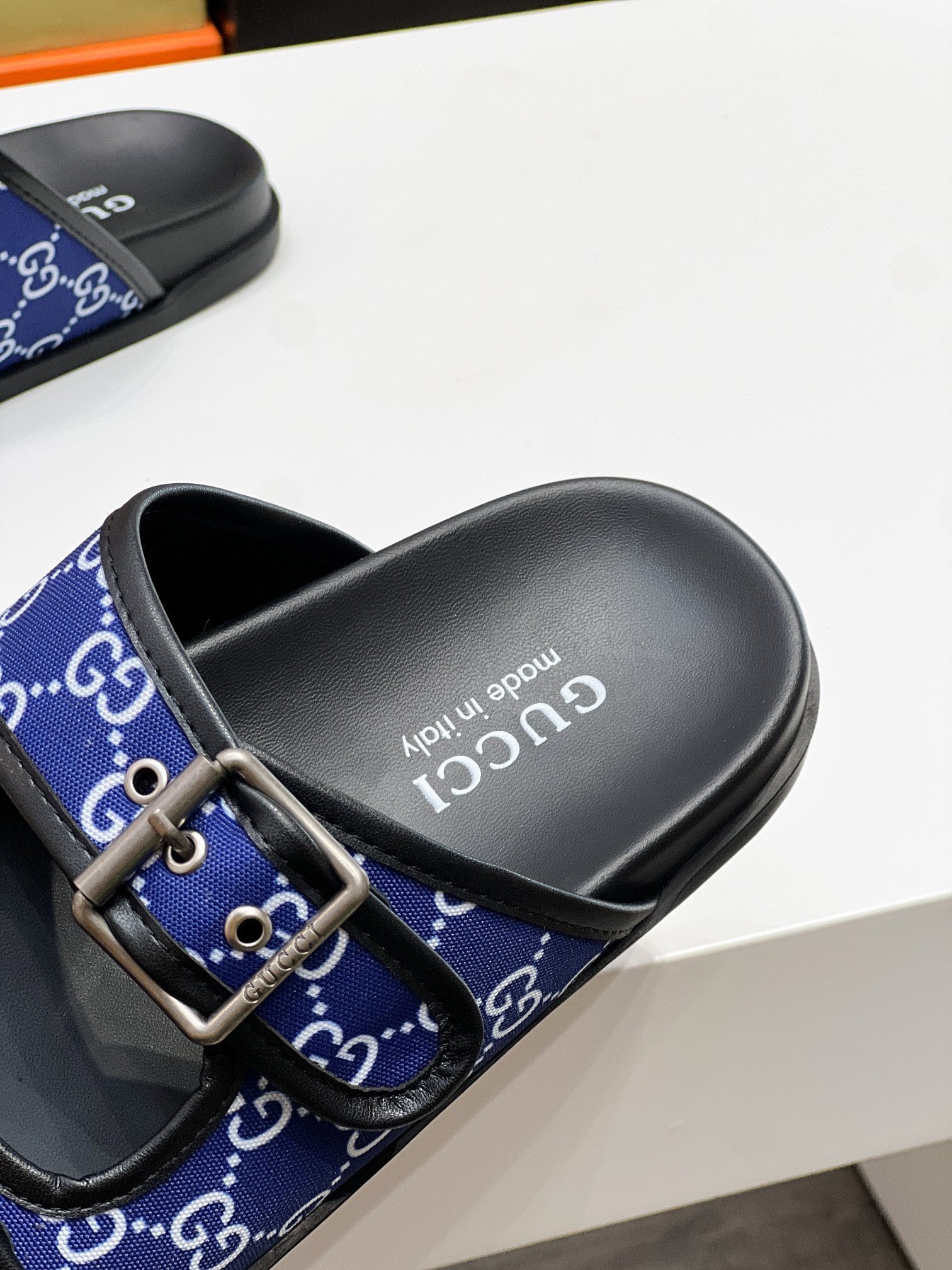 BLUE MONOGRAM DOUBLE BUCKLE SLIDE SANDALS