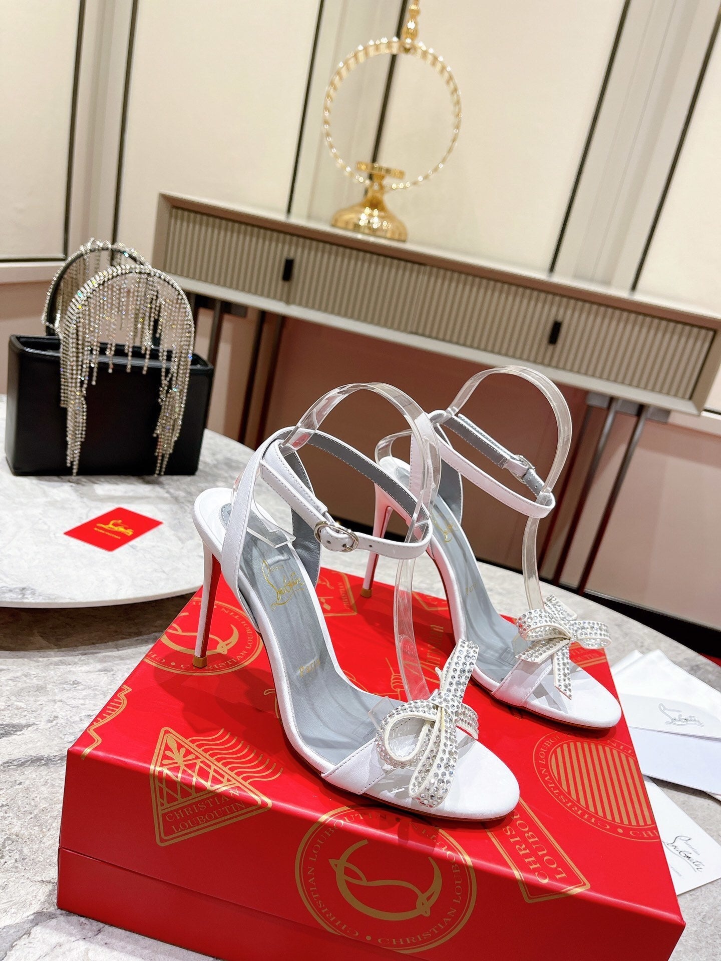 WHITE CRYSTAL BOW STRAP HEELS