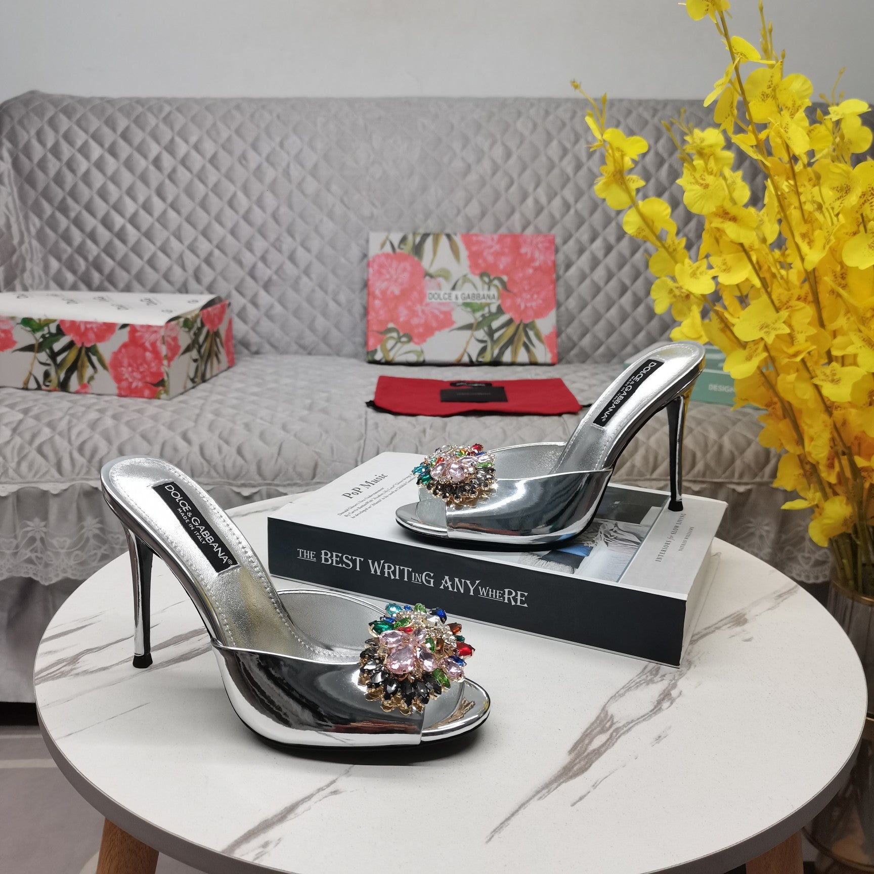 SILVER METALLIC MULE HEEL SANDALS WITH MULTICOLOR CRYSTAL EMBELLISHMENT