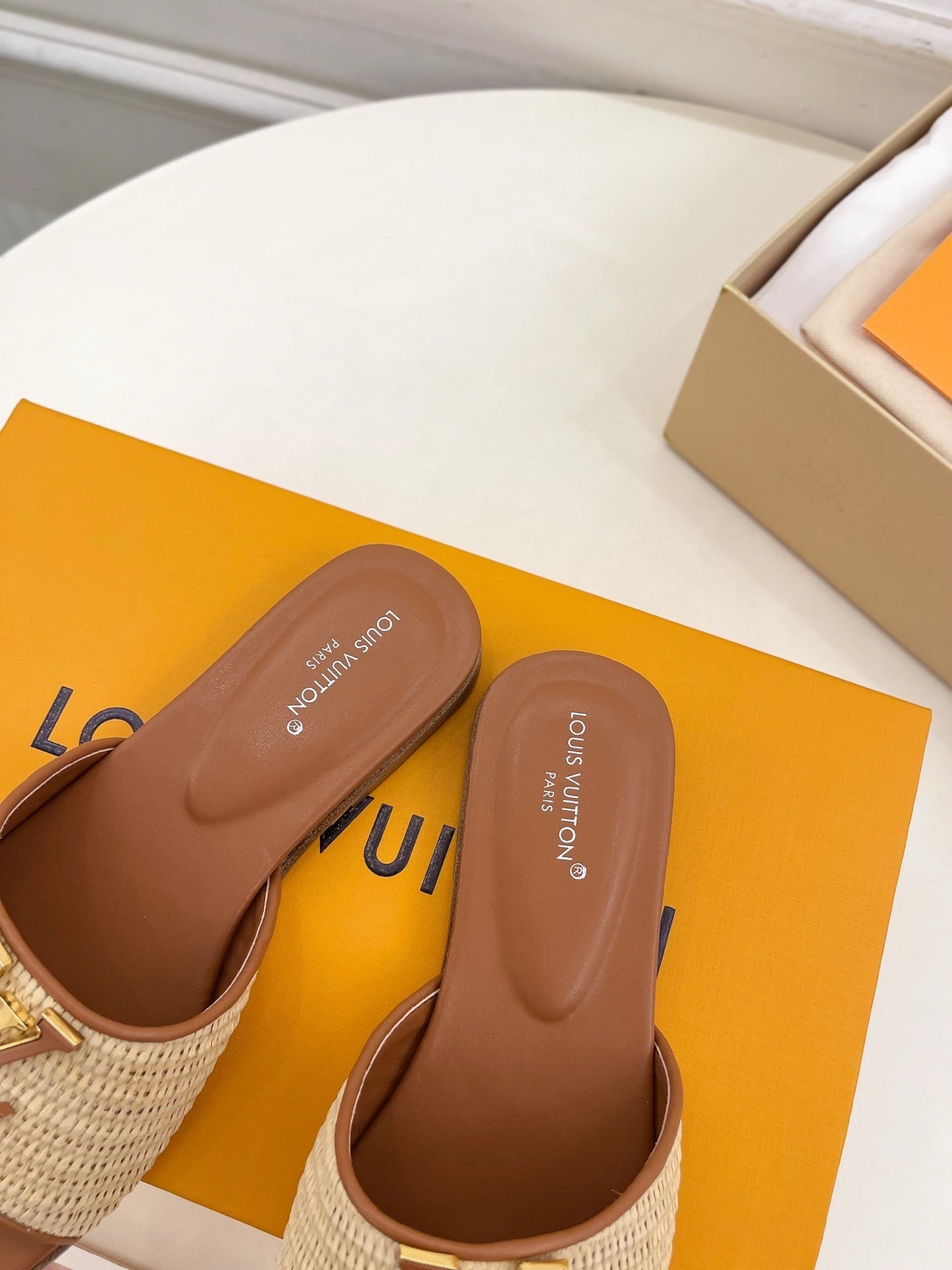WOVEN STRAP MONOGRAM DETAIL SLIDE SANDALS