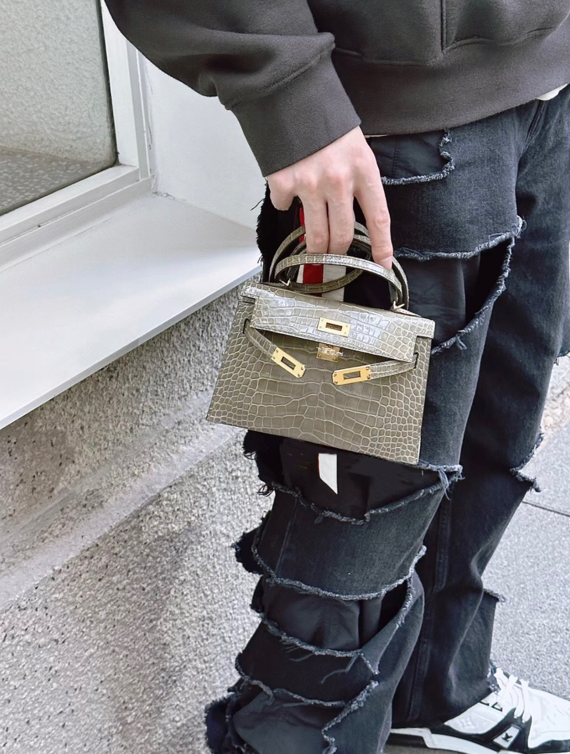 TAUPE CROCODILE EMBOSSED MINI TOP HANDLE HANDBAG WITH GOLD HARDWARE