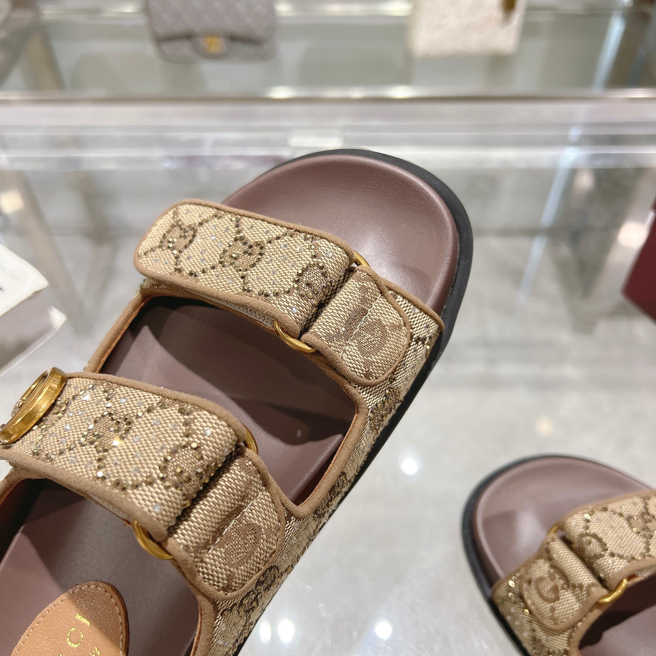 BEIGE MONOGRAM DOUBLE STRAP SANDALS