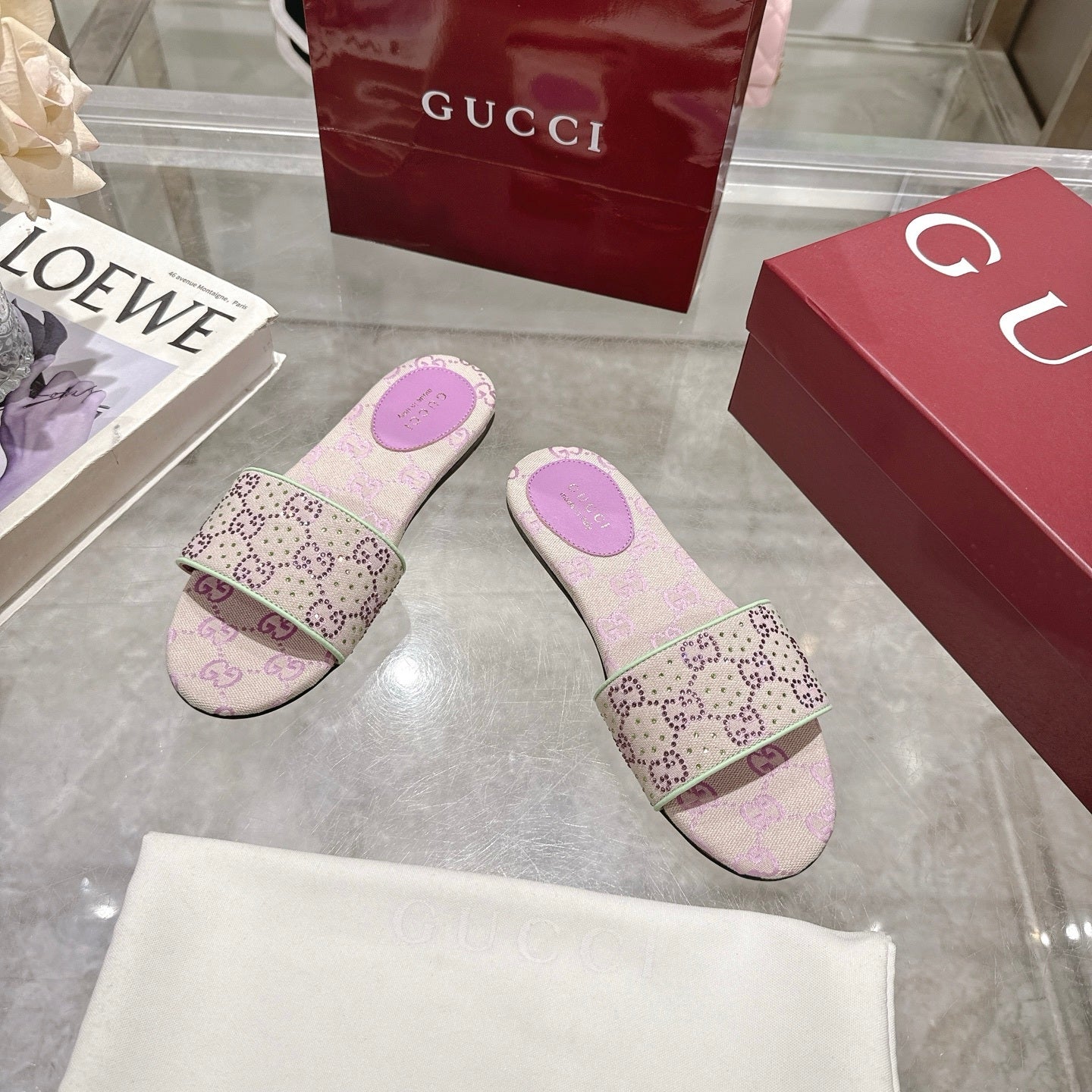 PINK EMBELLISHED SLIDE SANDALS