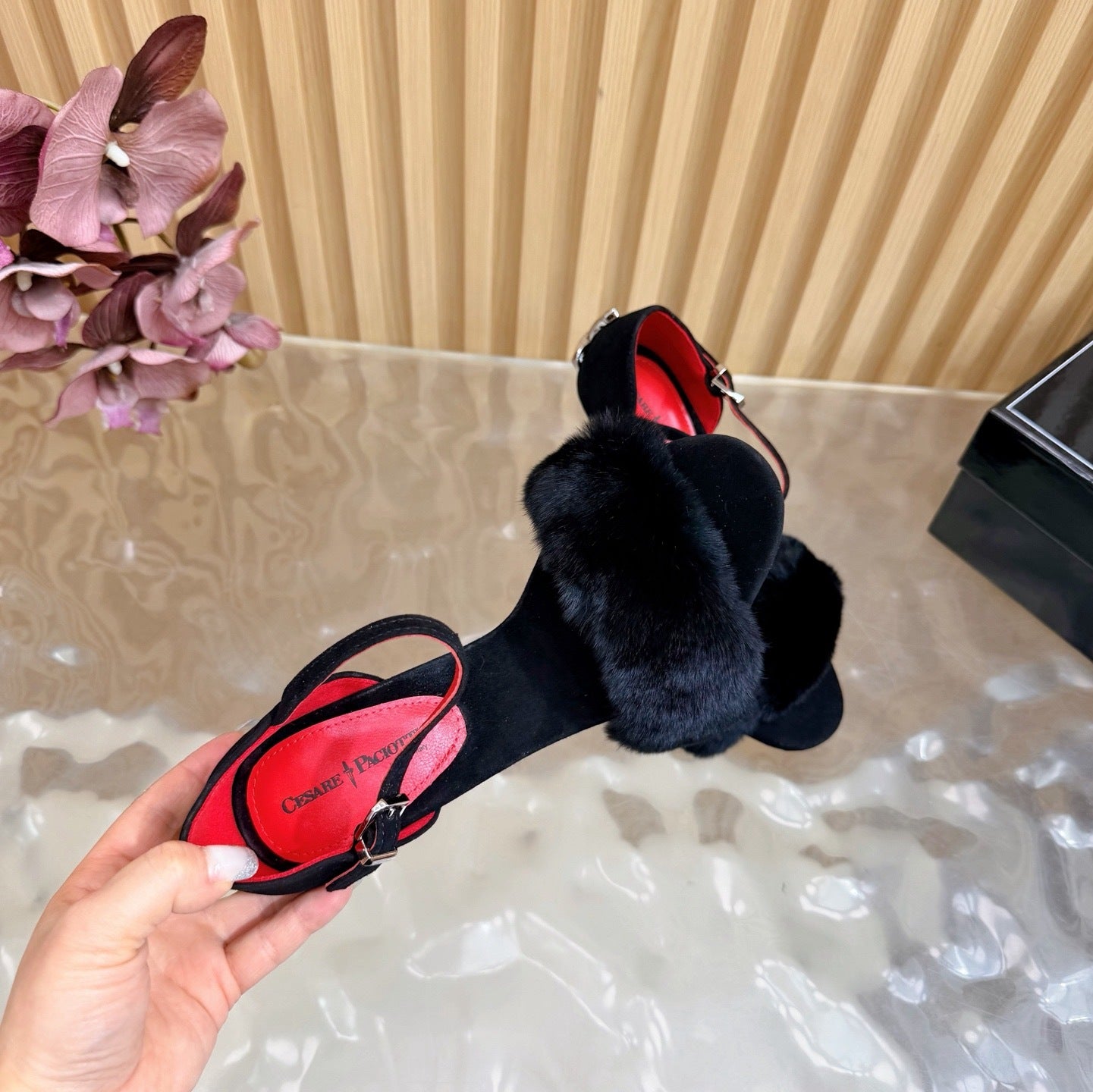 FUR DETAIL STILETTO HEELS – BLACK LUXE EVENING SANDALS