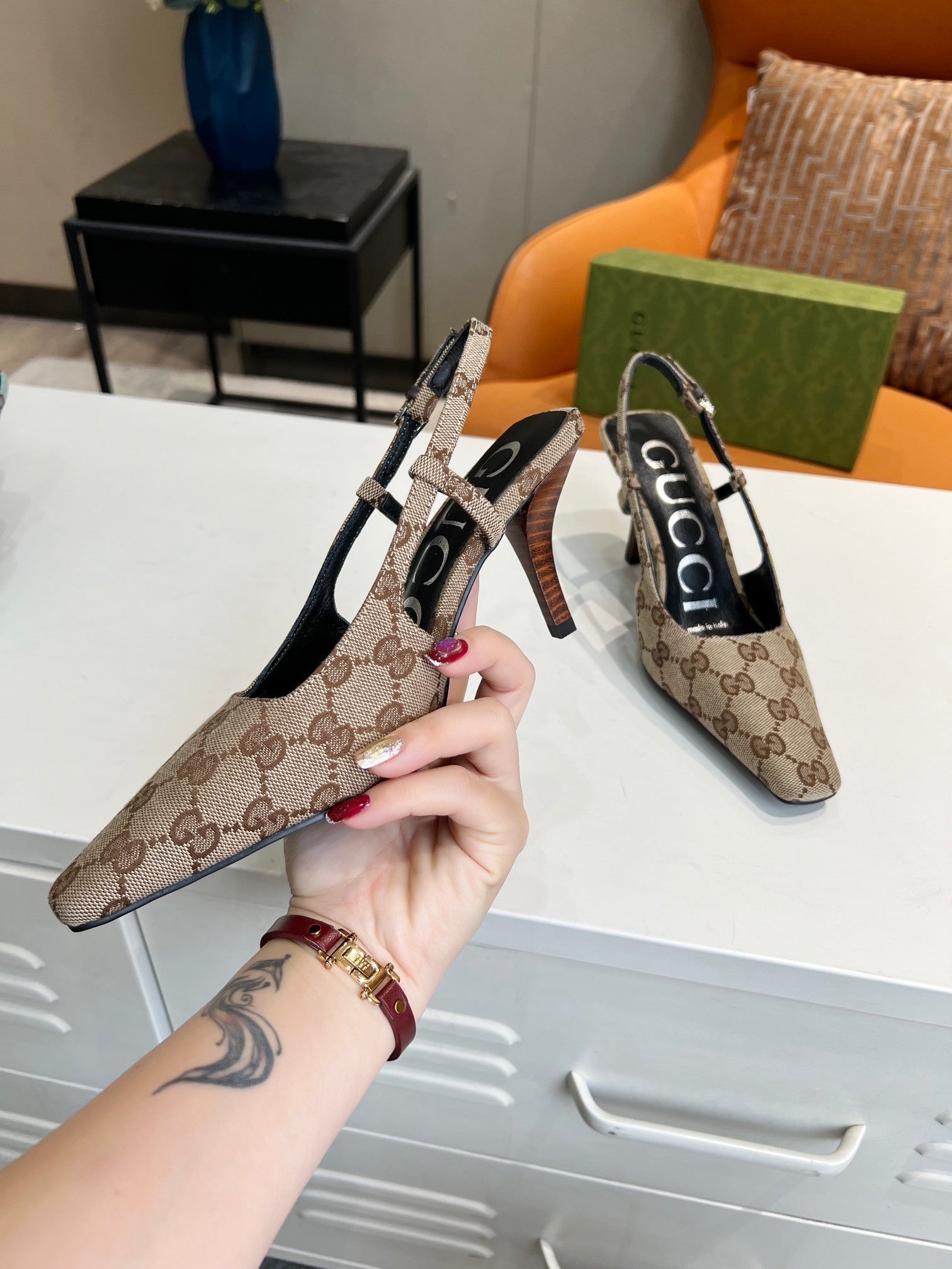 MONOGRAM T-STRAP SLINGBACK HEELS WITH SCULPTED HEEL