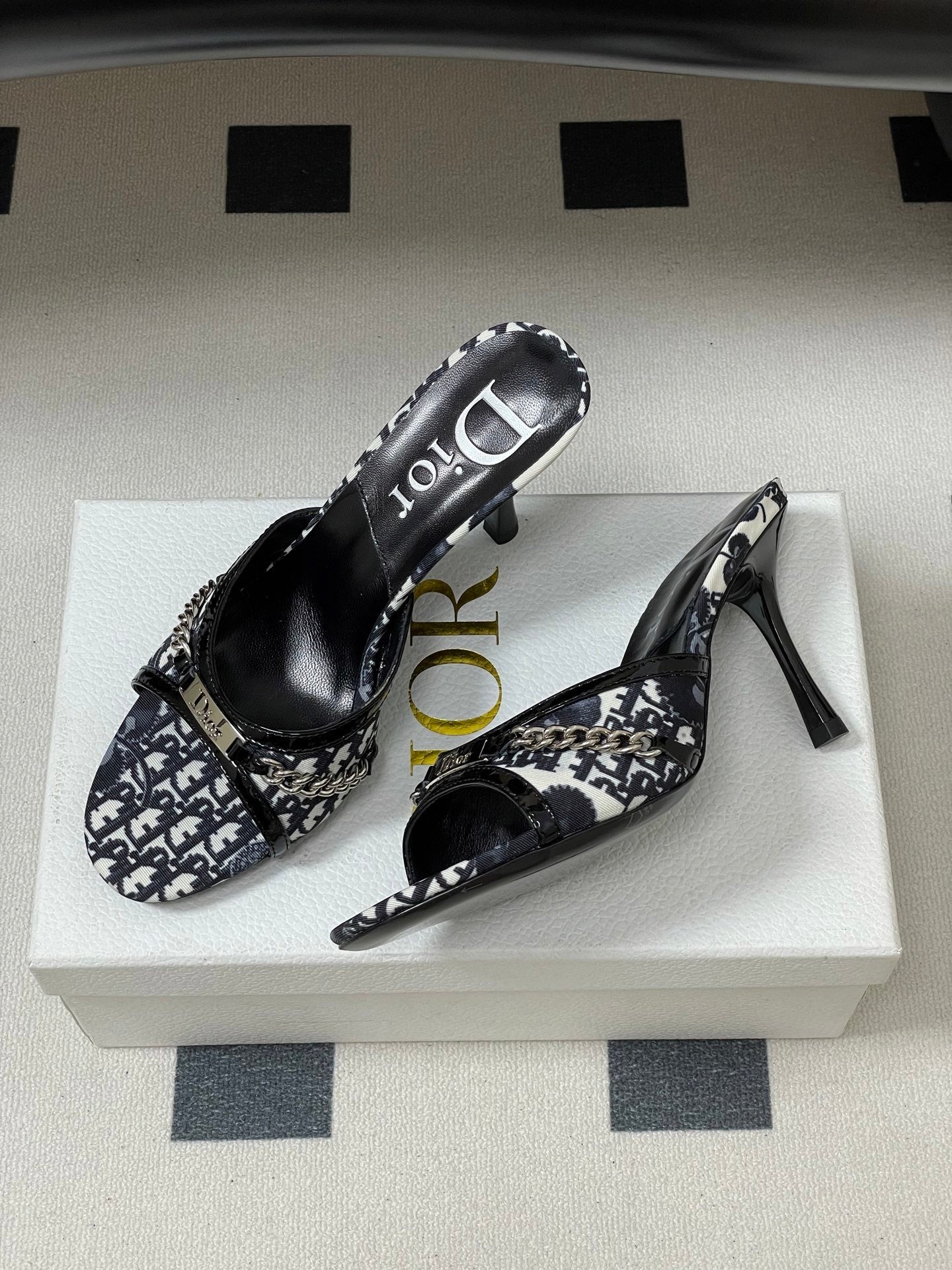 MONOGRAM CHAIN DETAIL MULE HEELS