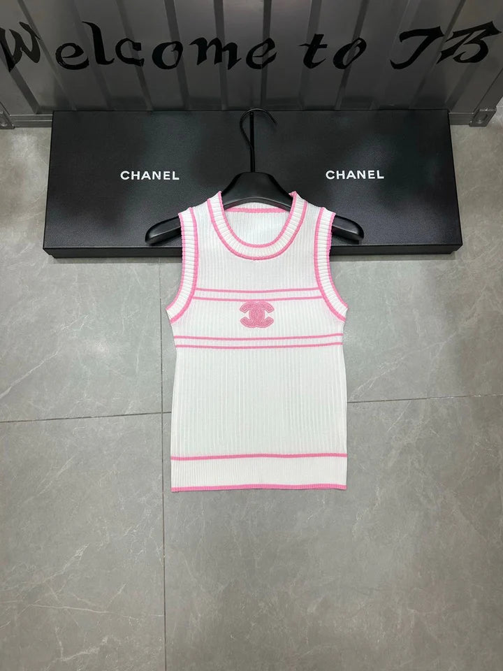 STRIPED LOGO RIBBED KNIT SLEEVELESS TOP