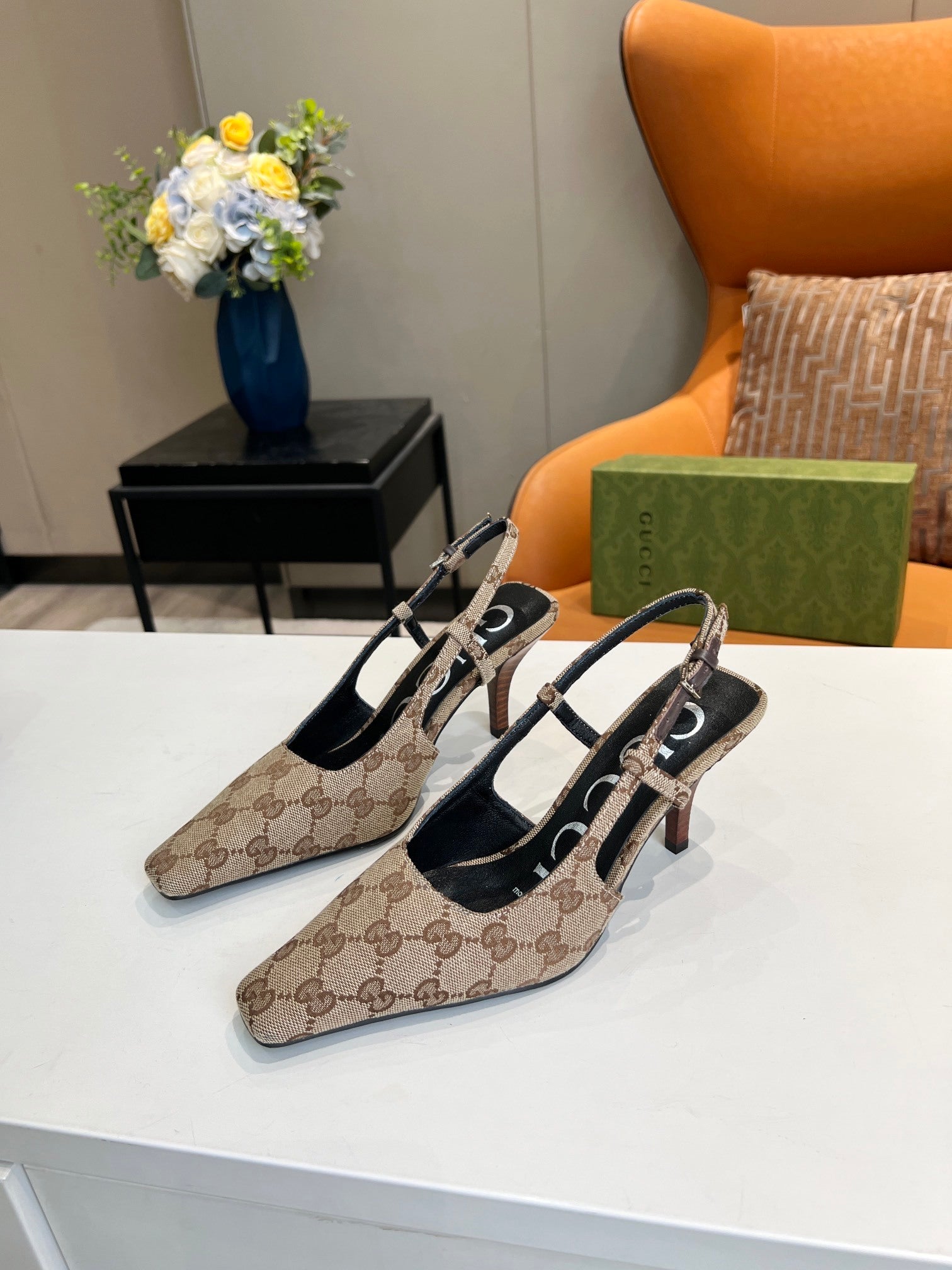 MONOGRAM T-STRAP SLINGBACK HEELS WITH SCULPTED HEEL