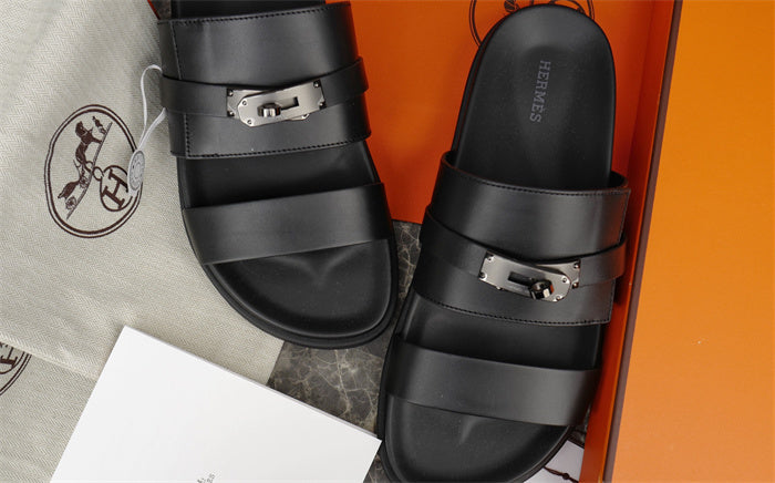 MINIMAL BUCKLE STRAP LEATHER SLIDE SANDALS