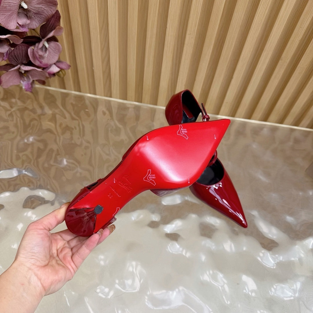 RED PATENT STRAP POINTED HEELS