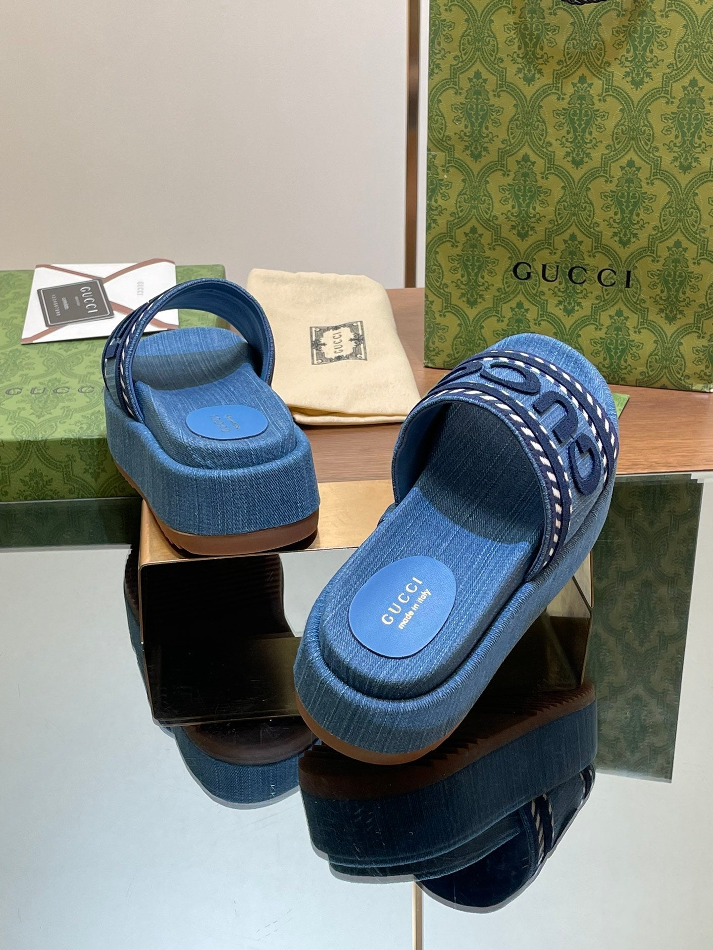 BLUE DENIM LOGO PLATFORM SLIDE SANDALS