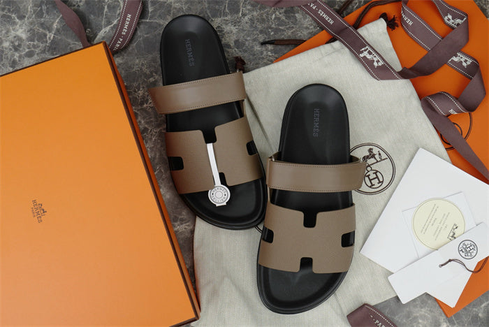 TWO-TONE H-STRAP LEATHER SLIDE SANDALS