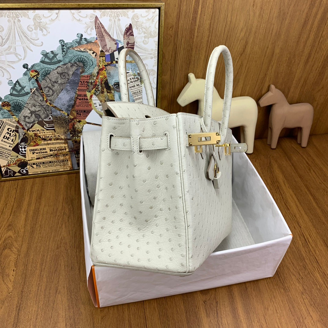 LUXURY PEARL WHITE OSTRICH TEXTURED TOP HANDLE BAG