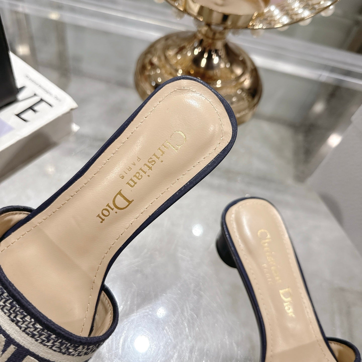 LOGO JACQUARD LOW HEEL SLIDE MULES