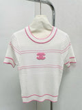 Women's White Ribbed Knit Top with Pink Trim