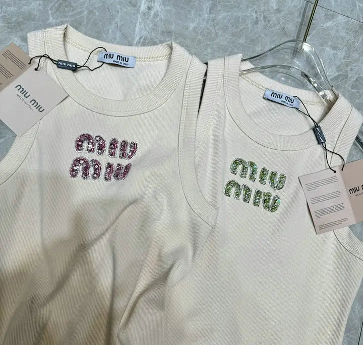 EMBELLISHED LOGO RIBBED TANK TOP