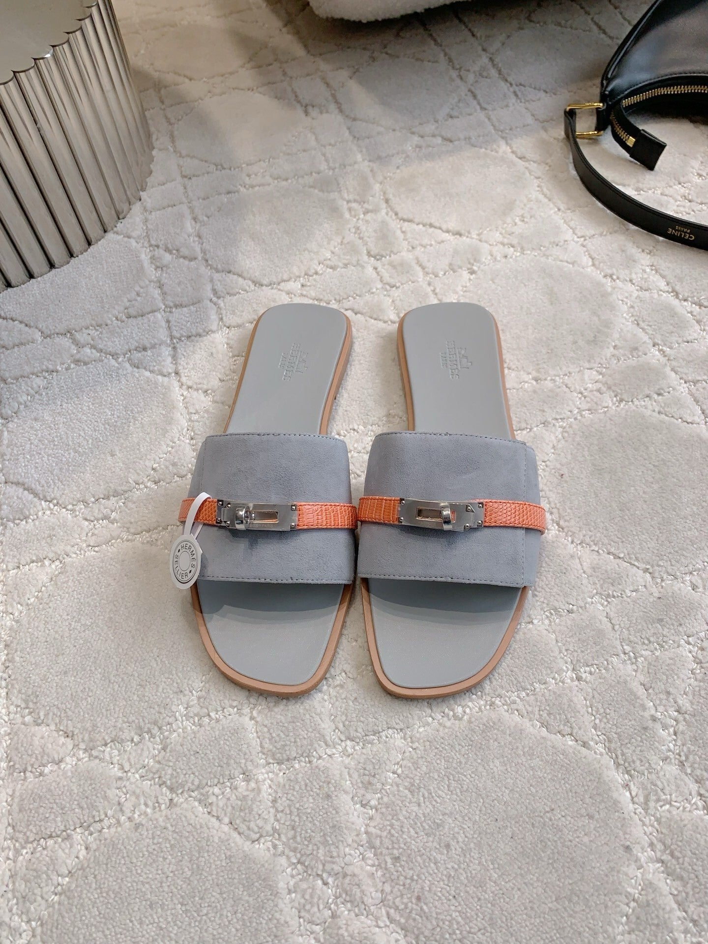 SUEDE STYLE FLAT SLIDES WITH CONTRAST STRAP DETAIL