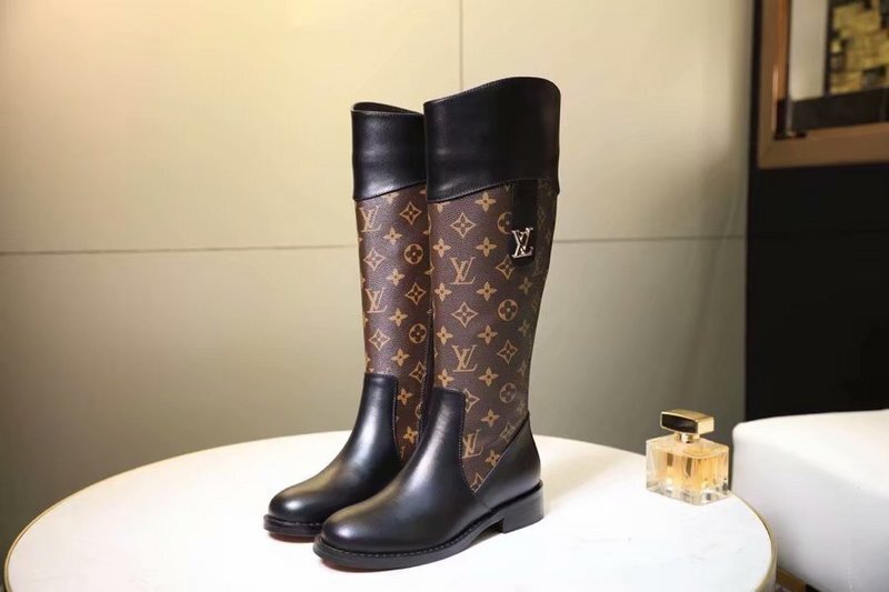 BROWN MONOGRAM TALL LEATHER BOOTS