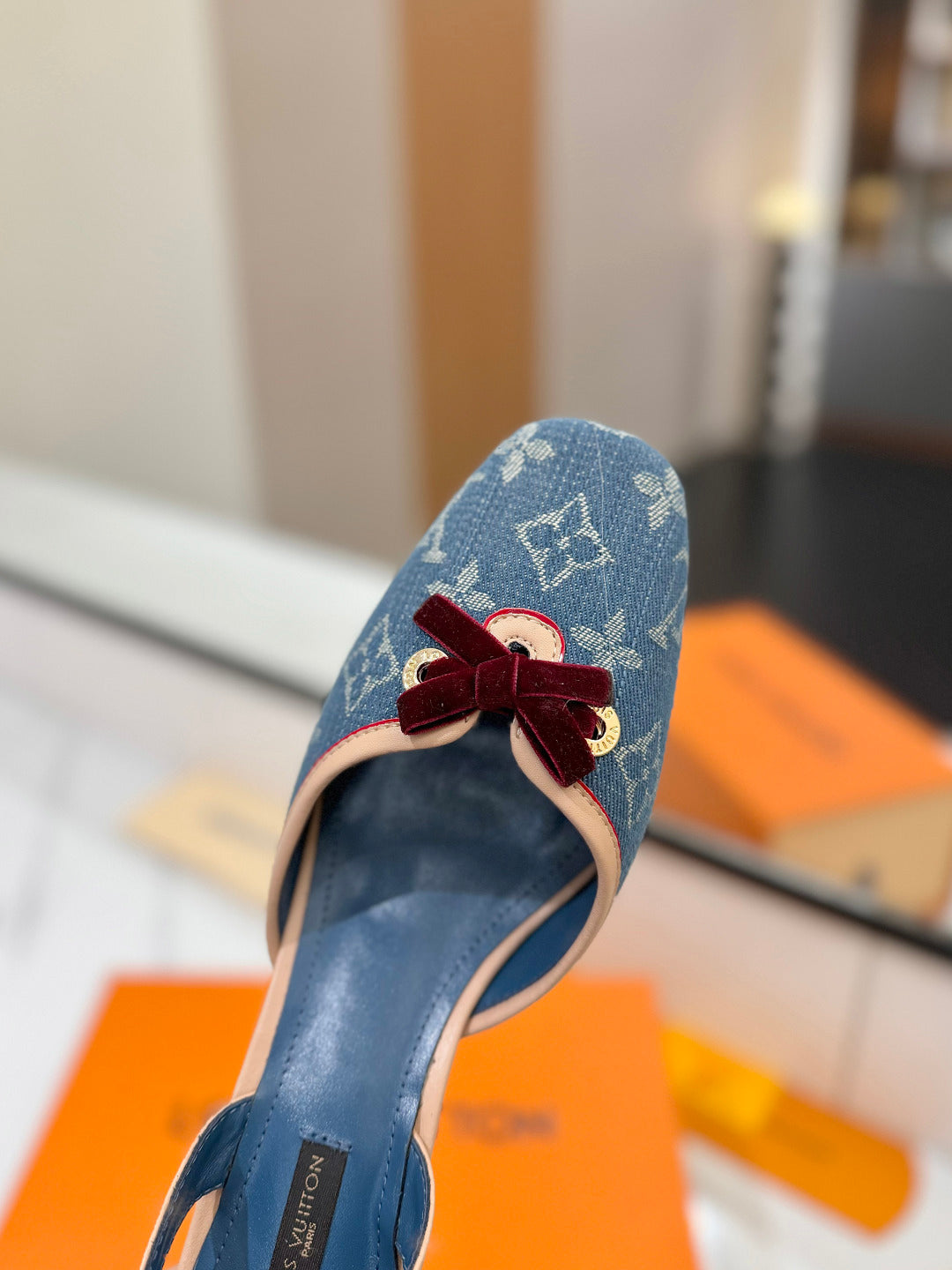 DENIM MONOGRAM SLINGBACK HEELS WITH VELVET BOW