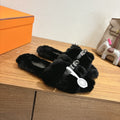 BLACK FAUX FUR MULE SLIPPERS WITH SILVER-TONE ACCENT