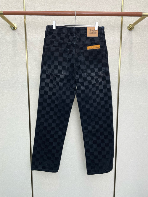 BLACK CHECKERED STRAIGHT-LEG PANTS
