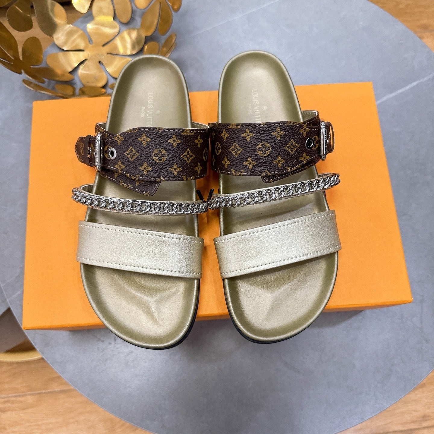 BEIGE MULTI-STRAP CHAIN DETAIL SLIDE SANDALS