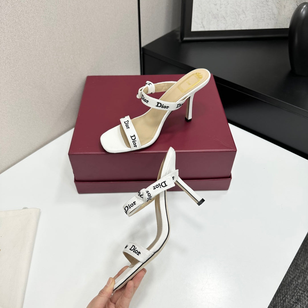 CRISP WHITE LOGO STRAP STILETTO SANDALS