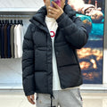 INSULATED BLACK PUFFER JACKET WITH HOODED DESIGN