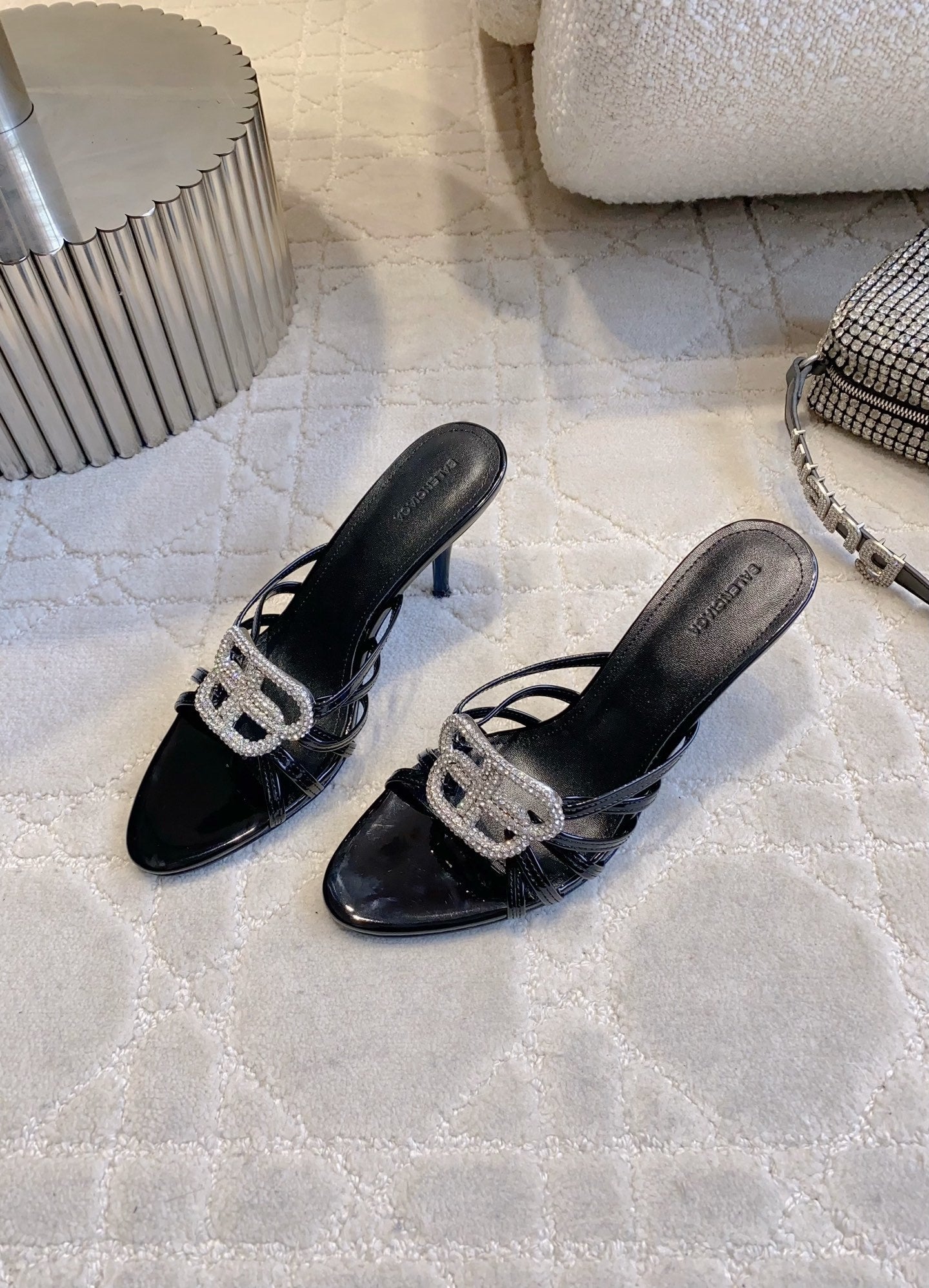 CRYSTAL EMBELLISHED BLACK STRAPPY HEELS